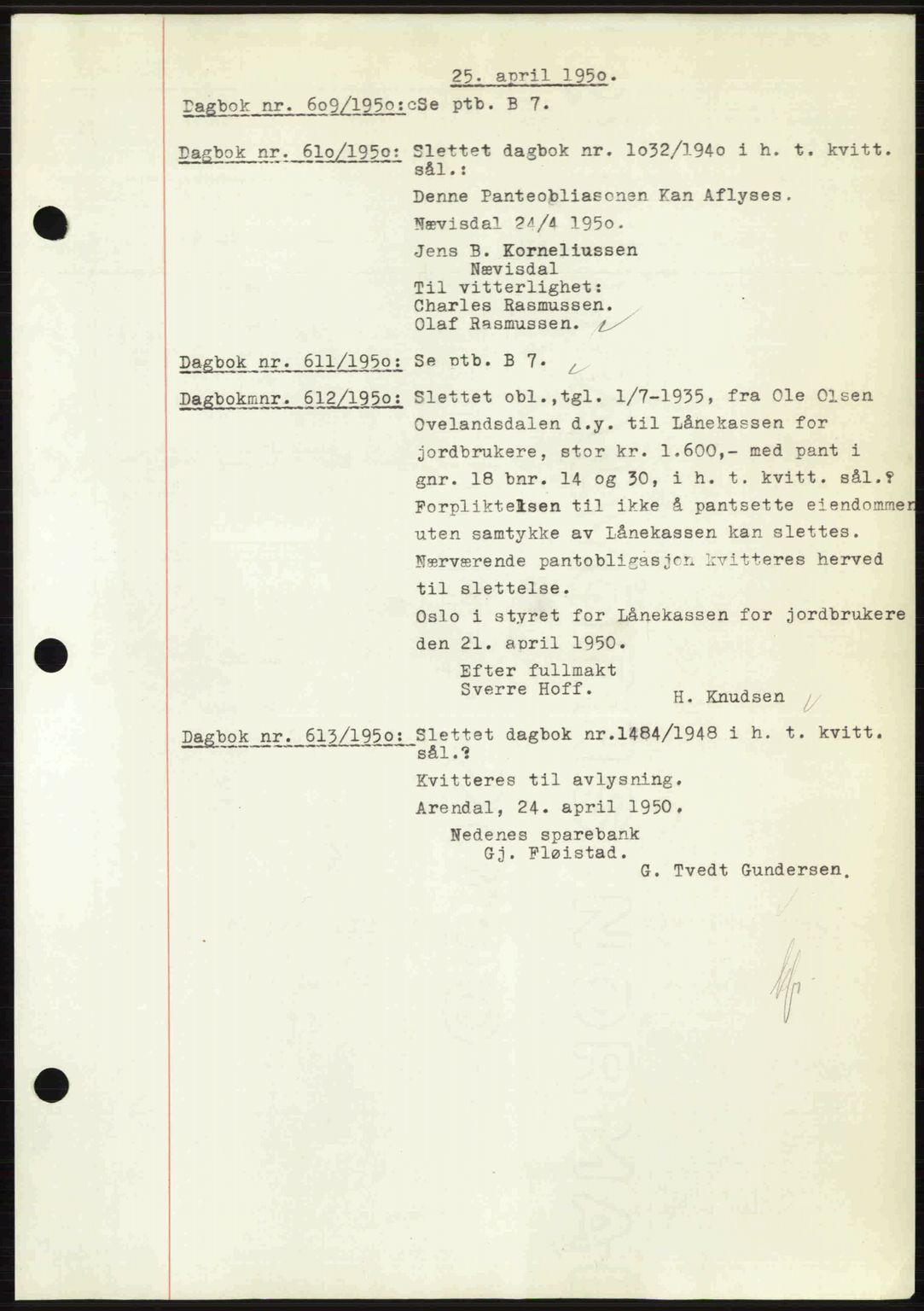 Nedenes sorenskriveri, AV/SAK-1221-0006/G/Gb/Gba/L0062: Pantebok nr. A14, 1949-1950, Dagboknr: 609/1950