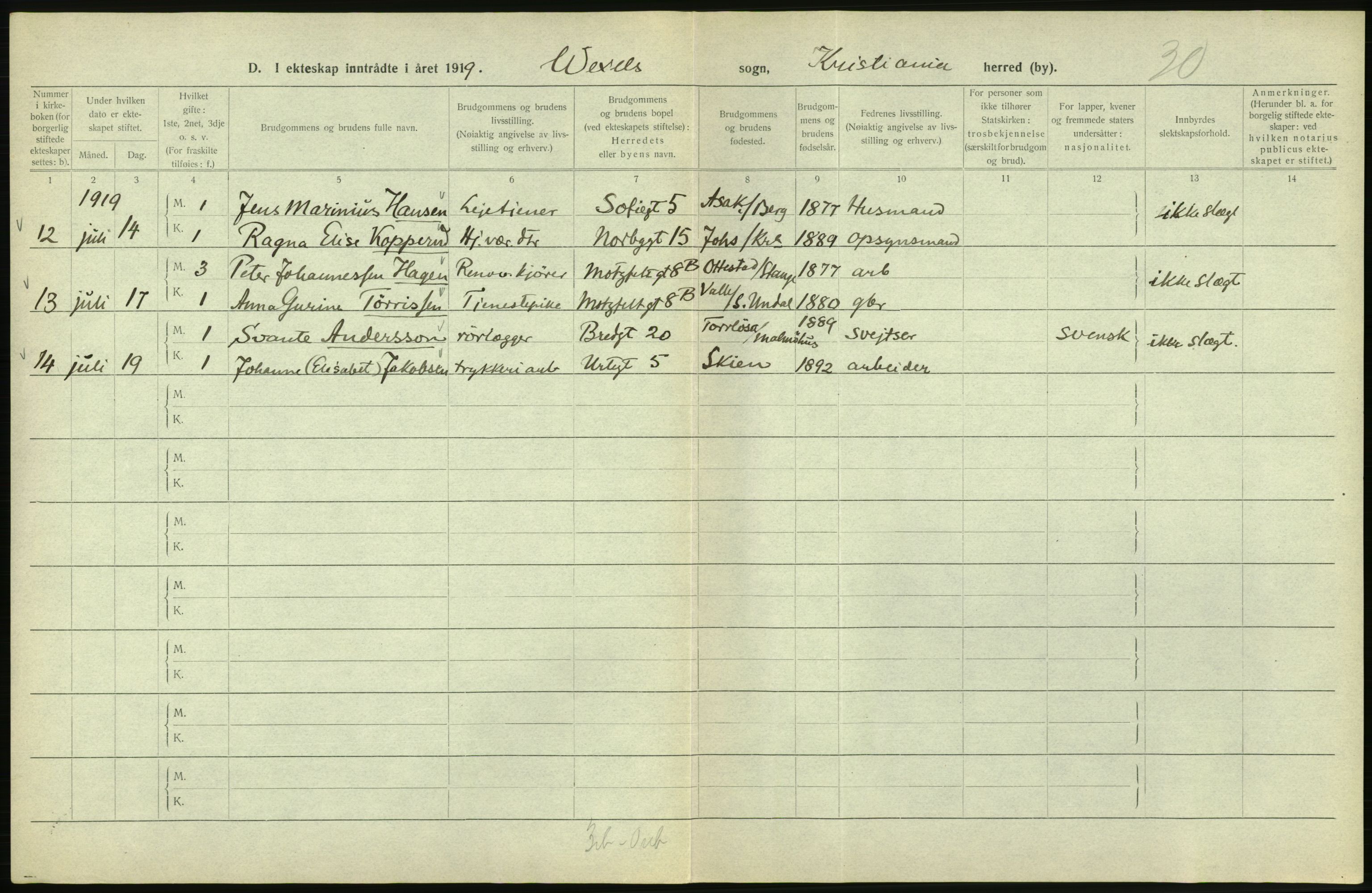 Statistisk sentralbyrå, Sosiodemografiske emner, Befolkning, RA/S-2228/D/Df/Dfb/Dfbi/L0009: Kristiania: Gifte, 1919, s. 666