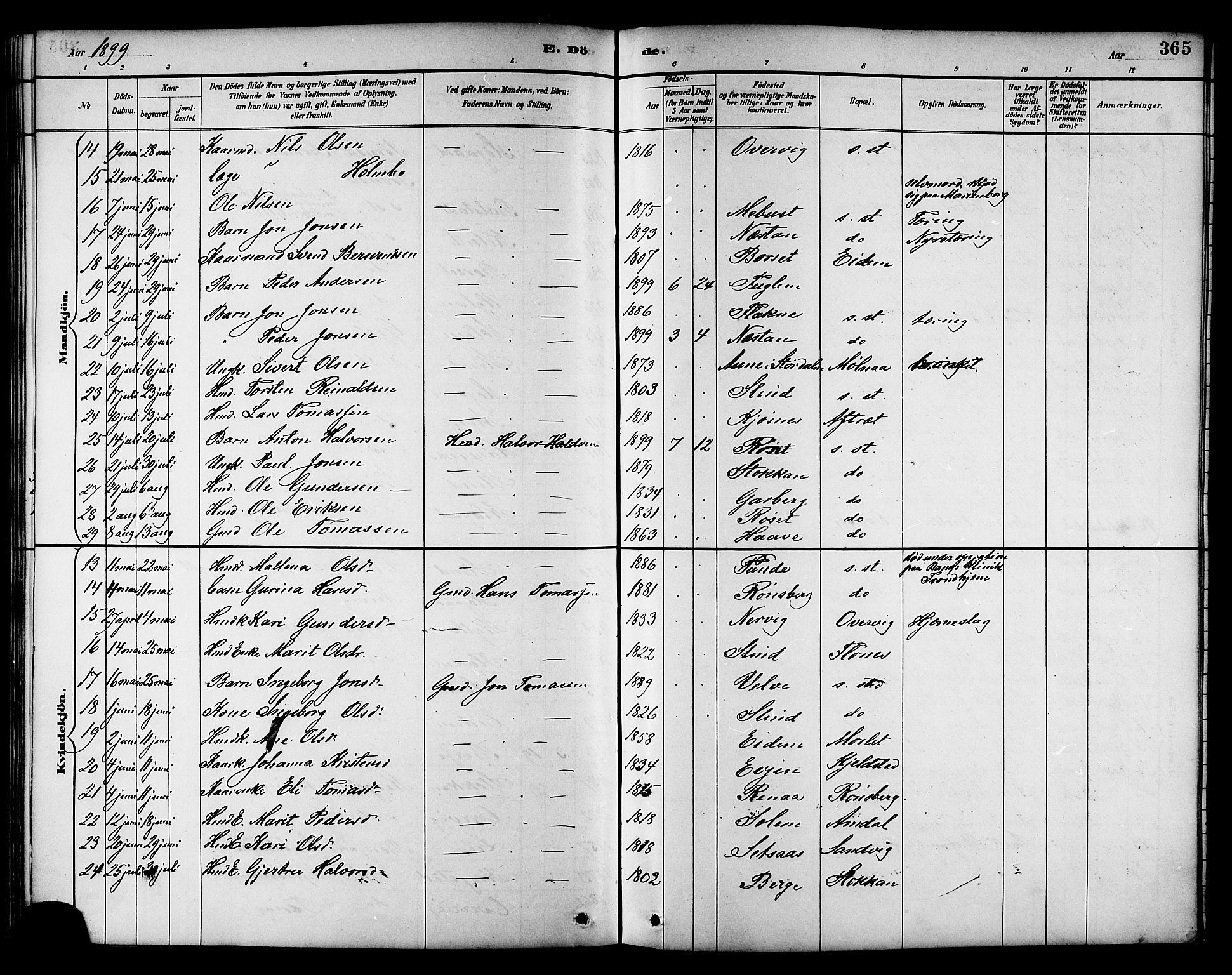 Ministerialprotokoller, klokkerbøker og fødselsregistre - Sør-Trøndelag, AV/SAT-A-1456/695/L1157: Klokkerbok nr. 695C08, 1889-1913, s. 365