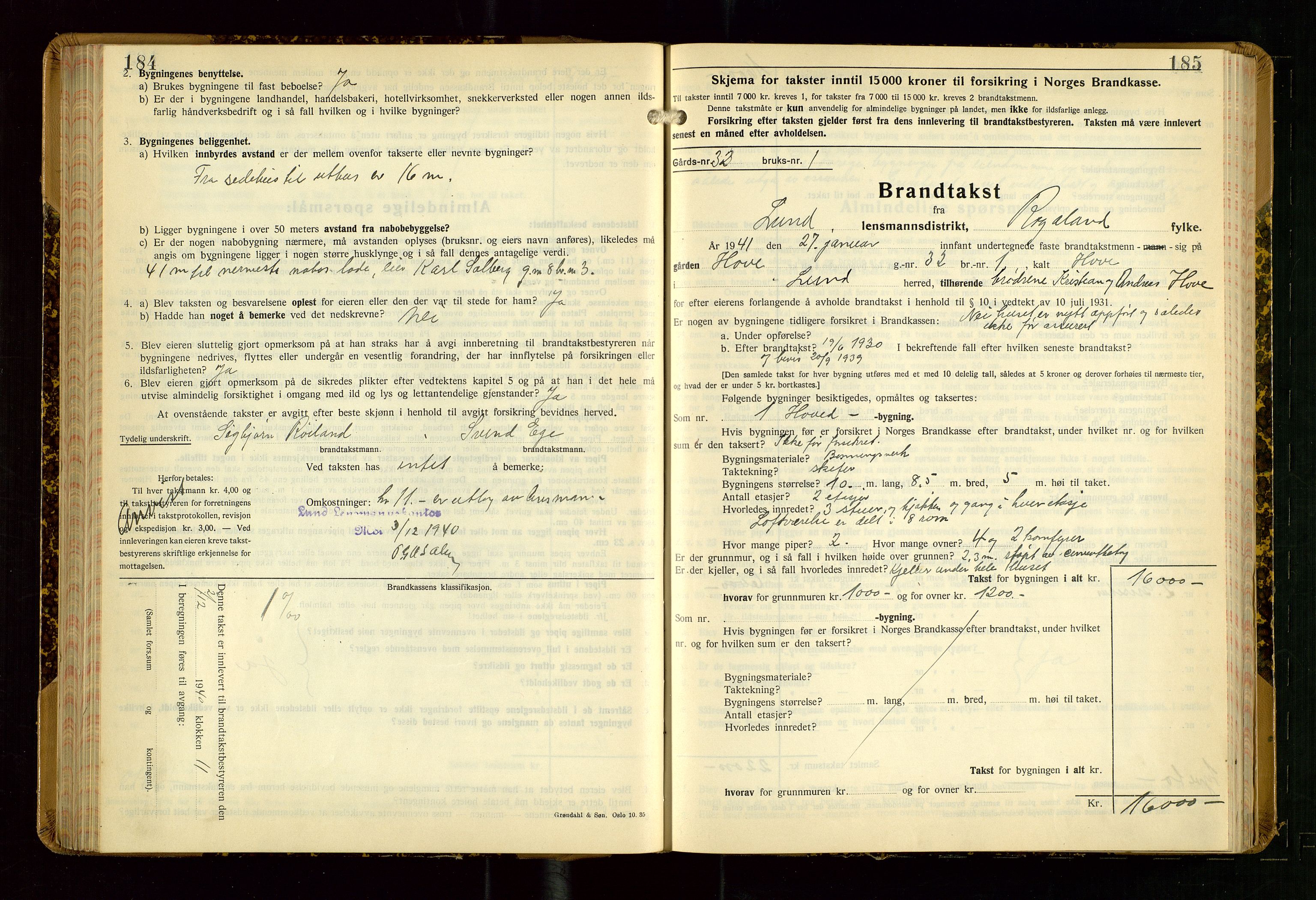 Lund lensmannskontor, SAST/A-100303/Gob/L0006: "Brandtakstprotokoll", 1938-1951, s. 184-185