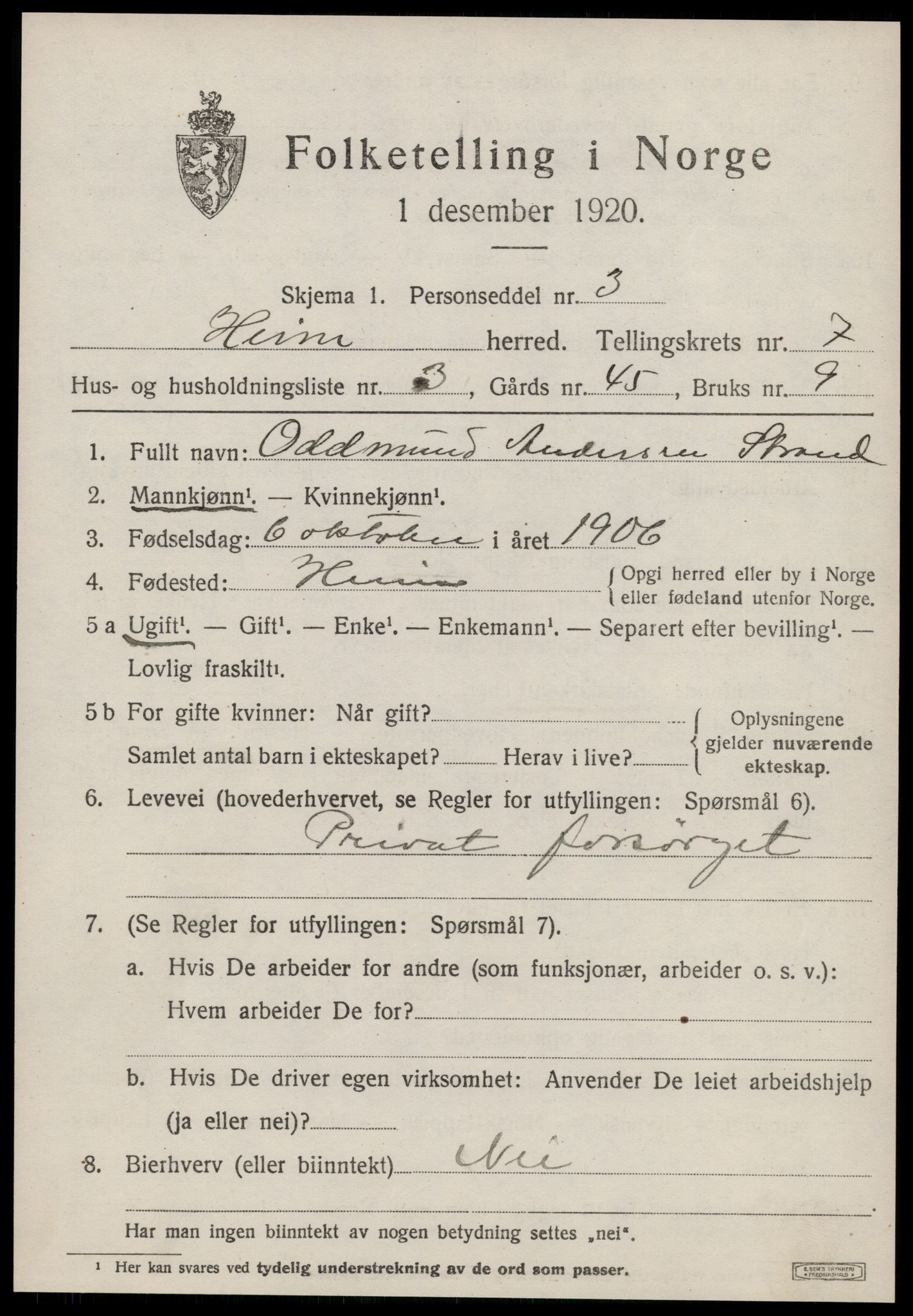SAT, Folketelling 1920 for 1614 Heim herred, 1920, s. 3179