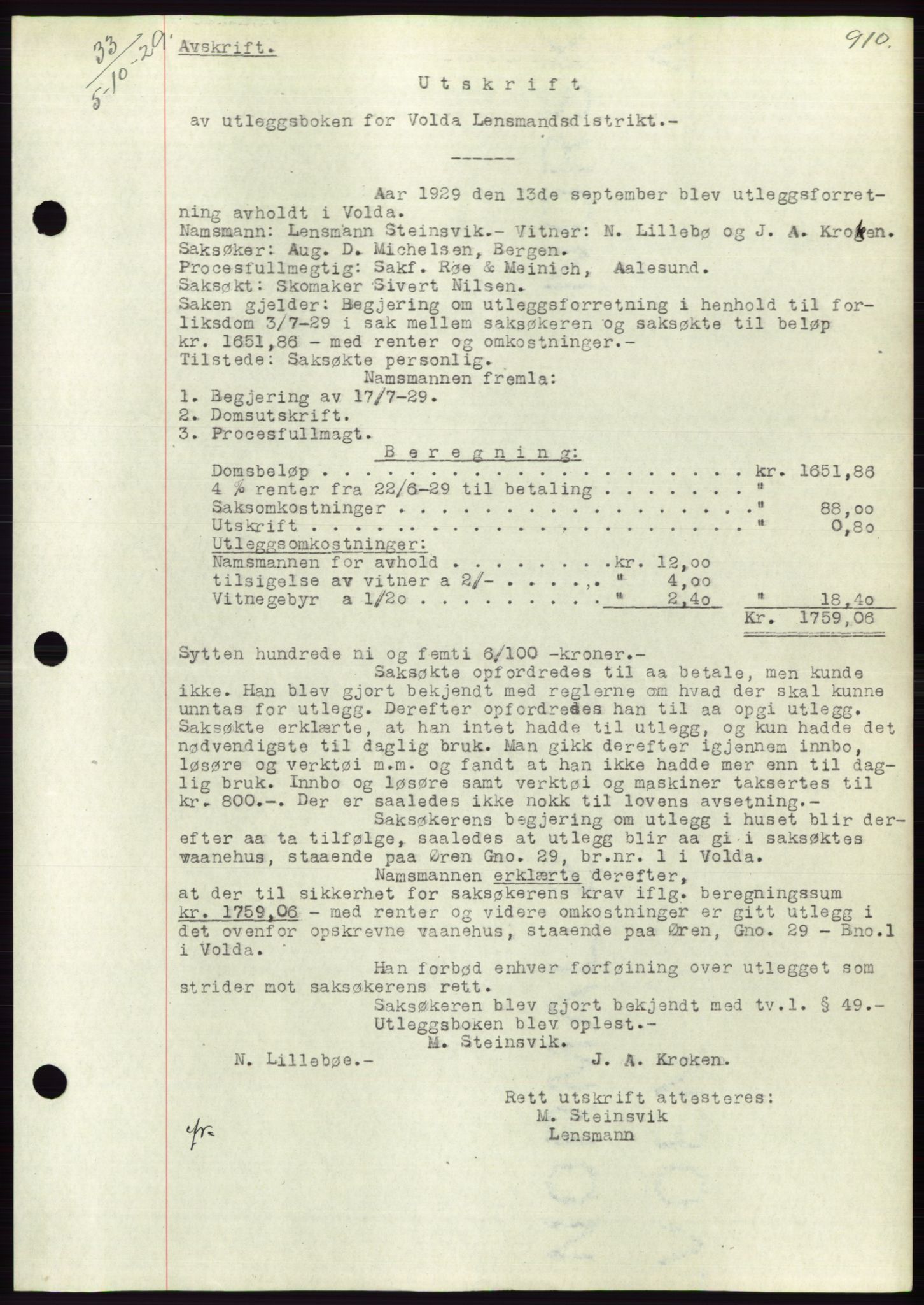 Søre Sunnmøre sorenskriveri, AV/SAT-A-4122/1/2/2C/L0049: Pantebok nr. 43, 1929-1929, Tingl.dato: 05.10.1929