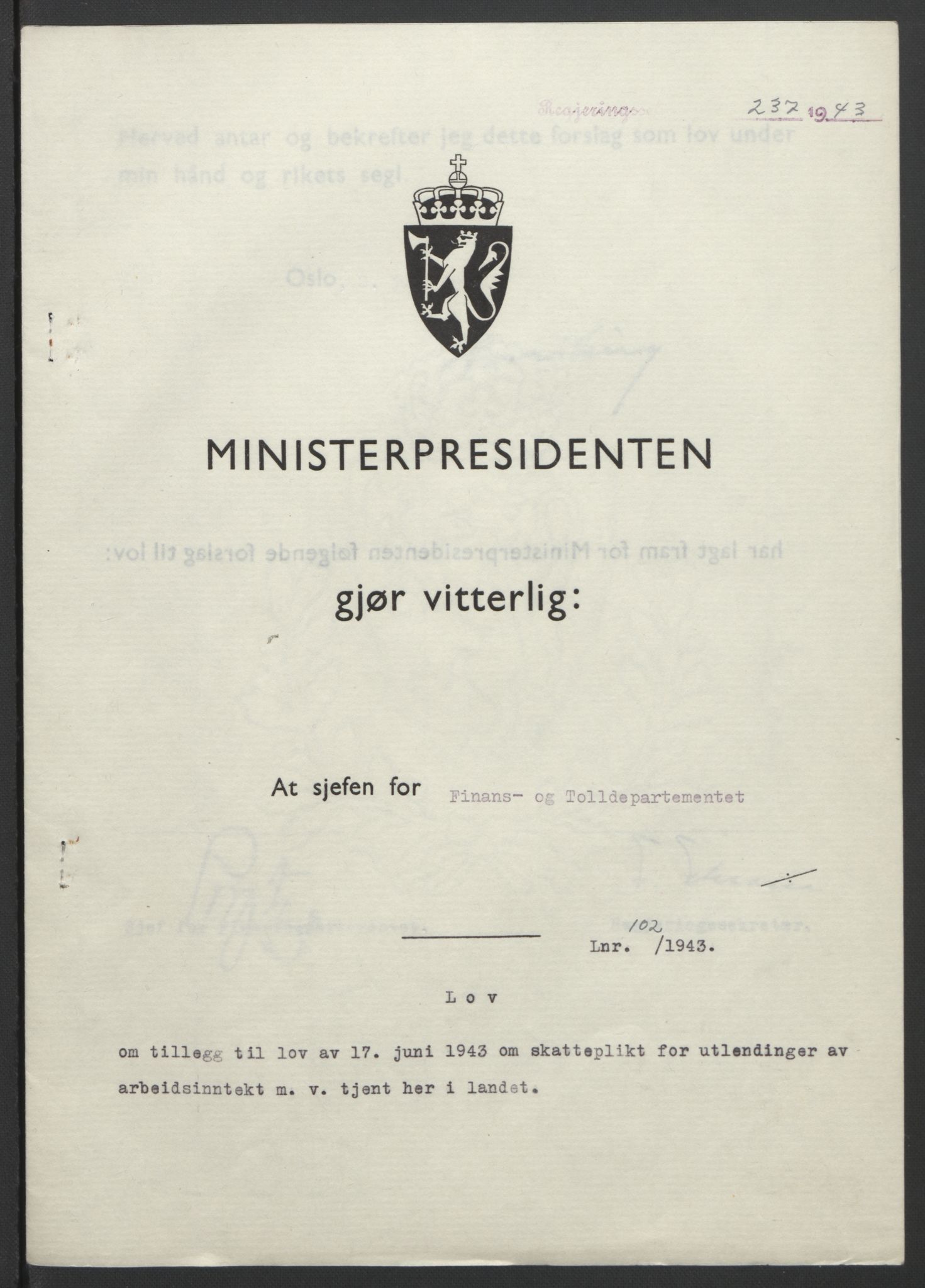 NS-administrasjonen 1940-1945 (Statsrådsekretariatet, de kommisariske statsråder mm), AV/RA-S-4279/D/Db/L0099: Lover, 1943, s. 474