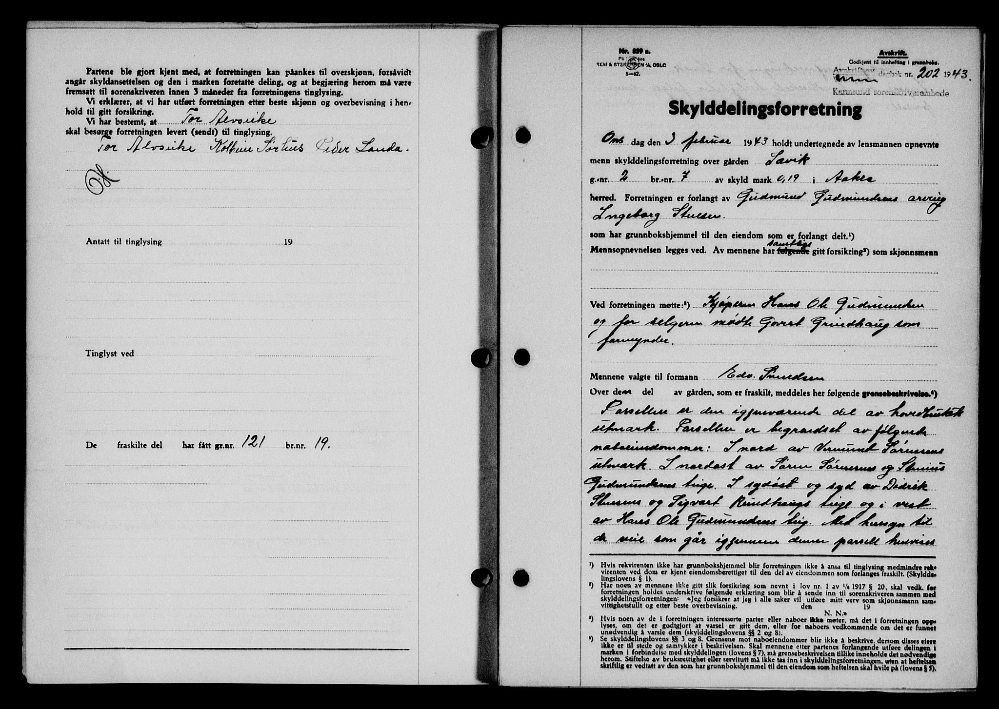Karmsund sorenskriveri, SAST/A-100311/01/II/IIB/L0079: Pantebok nr. 60A, 1942-1943, Dagboknr: 202/1943