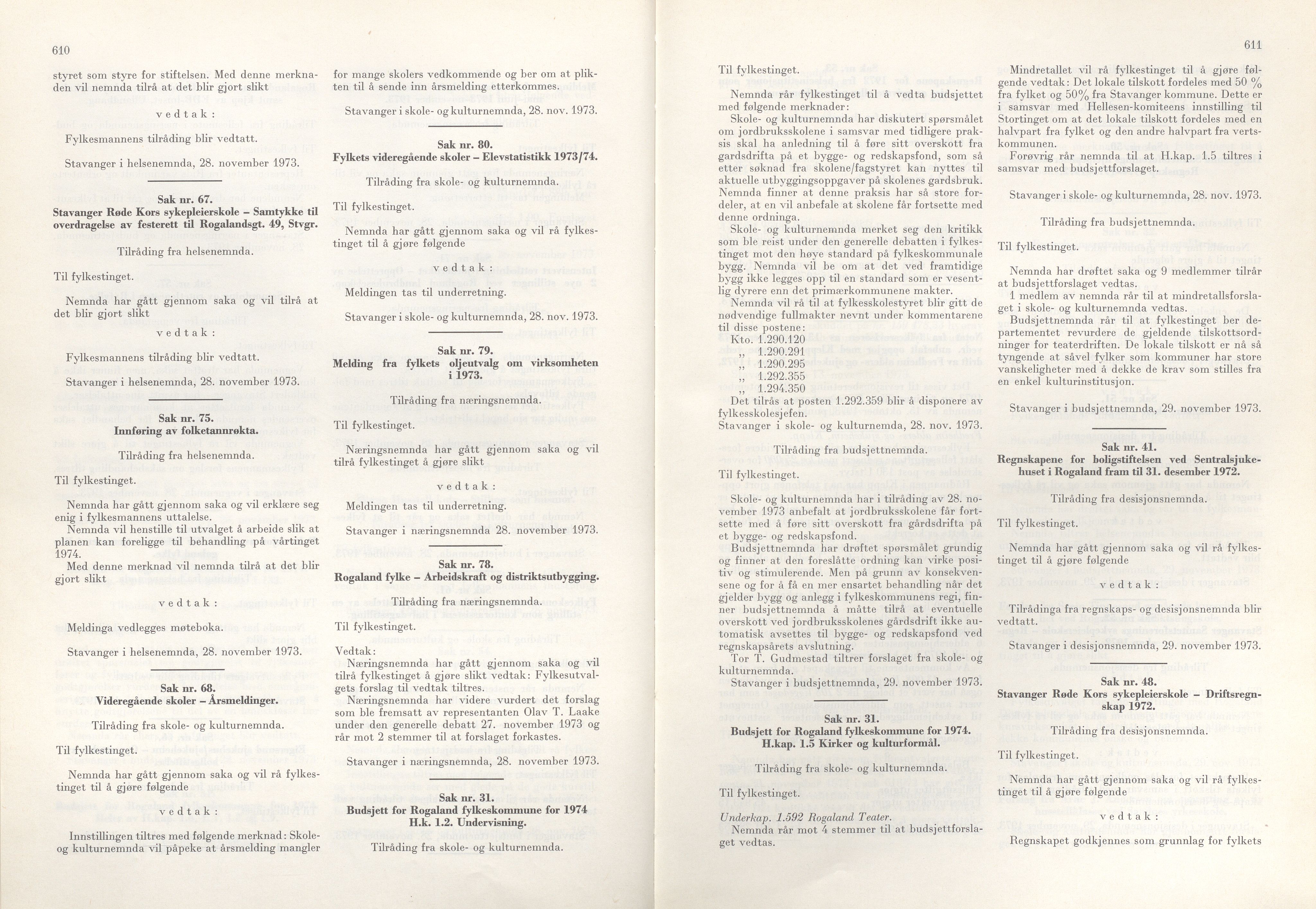 Rogaland fylkeskommune - Fylkesrådmannen , IKAR/A-900/A/Aa/Aaa/L0093: Møtebok , 1973, s. 610-611
