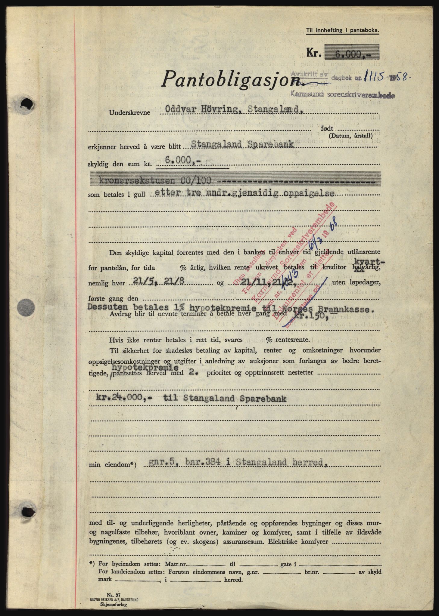 Karmsund sorenskriveri, AV/SAST-A-100311/01/II/IIBBE/L0041: Pantebok nr. B 87, 1958-1958, Dagboknr: 1115/1958