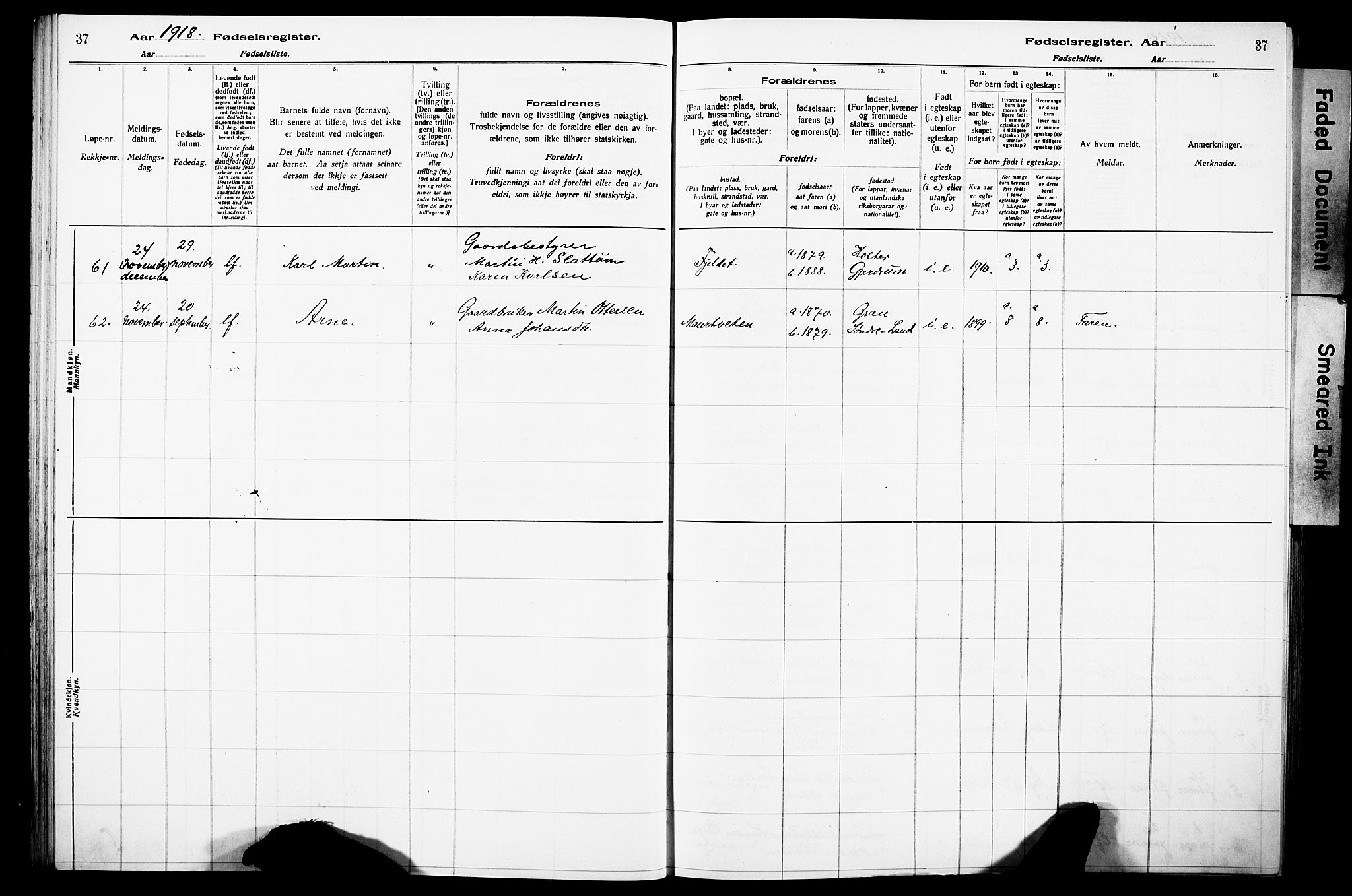 Lunner prestekontor, SAH/PREST-118/I/Id/L0001: Fødselsregister nr. 1, 1916-1932, s. 37