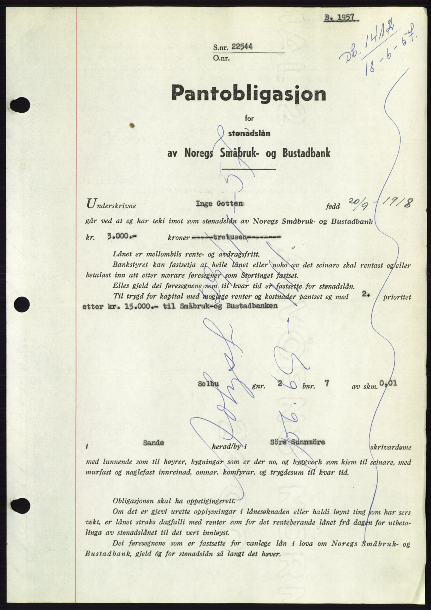 Søre Sunnmøre sorenskriveri, AV/SAT-A-4122/1/2/2C/L0130: Pantebok nr. 18B, 1957-1958, Dagboknr: 1412/1957