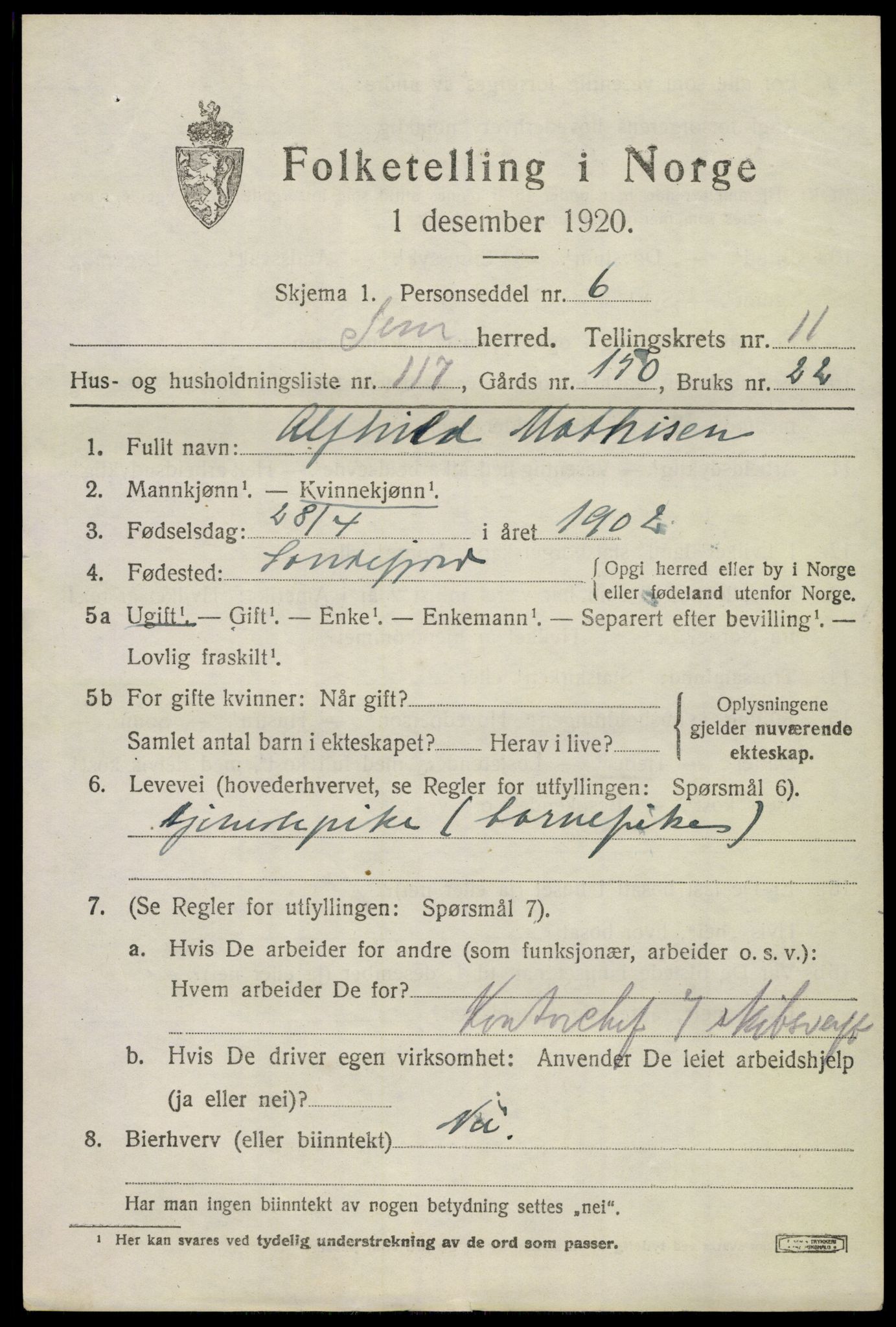 SAKO, Folketelling 1920 for 0721 Sem herred, 1920, s. 15913