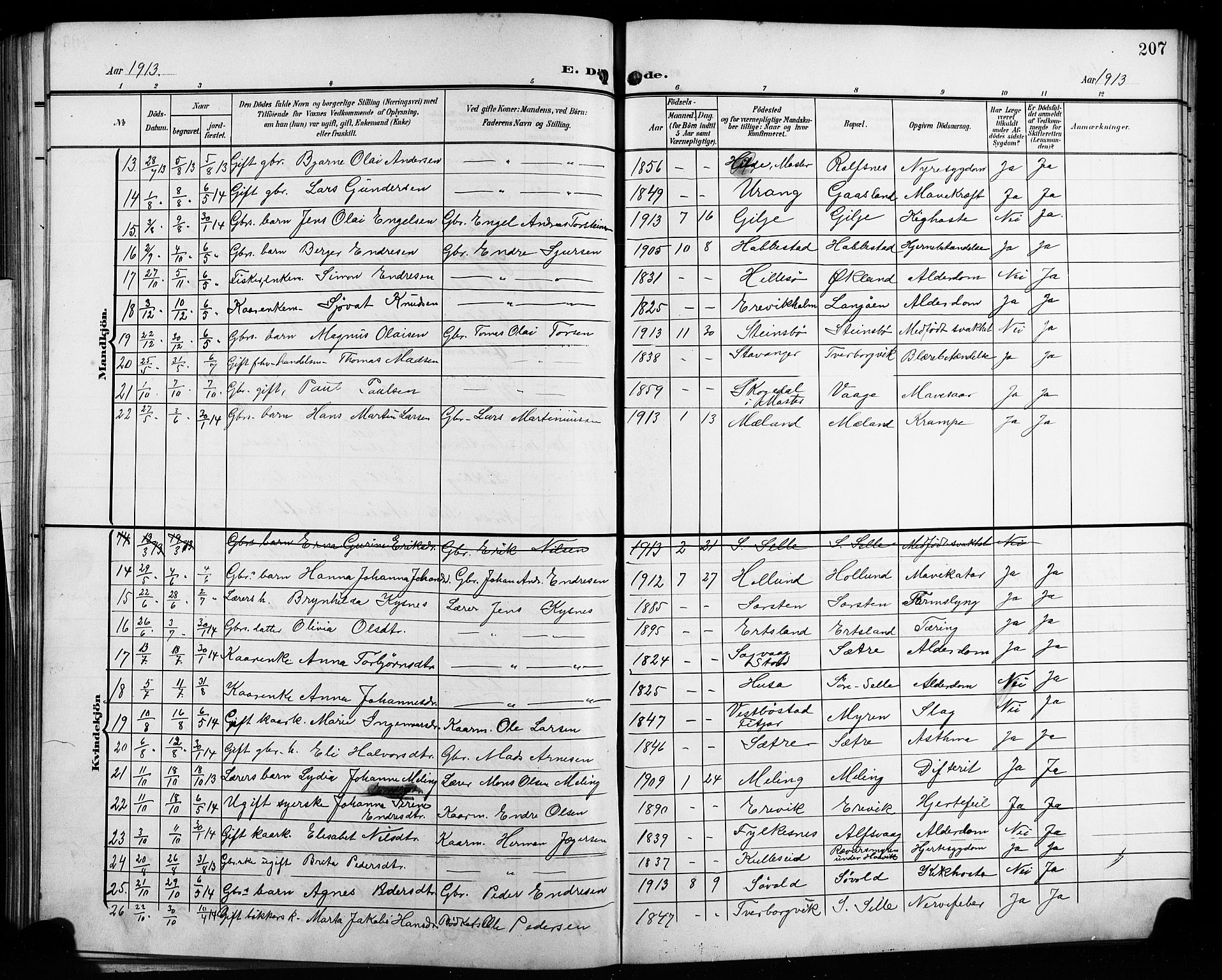 Finnås sokneprestembete, AV/SAB-A-99925/H/Ha/Hab/Habb/L0005: Klokkerbok nr. B 5, 1907-1920, s. 207