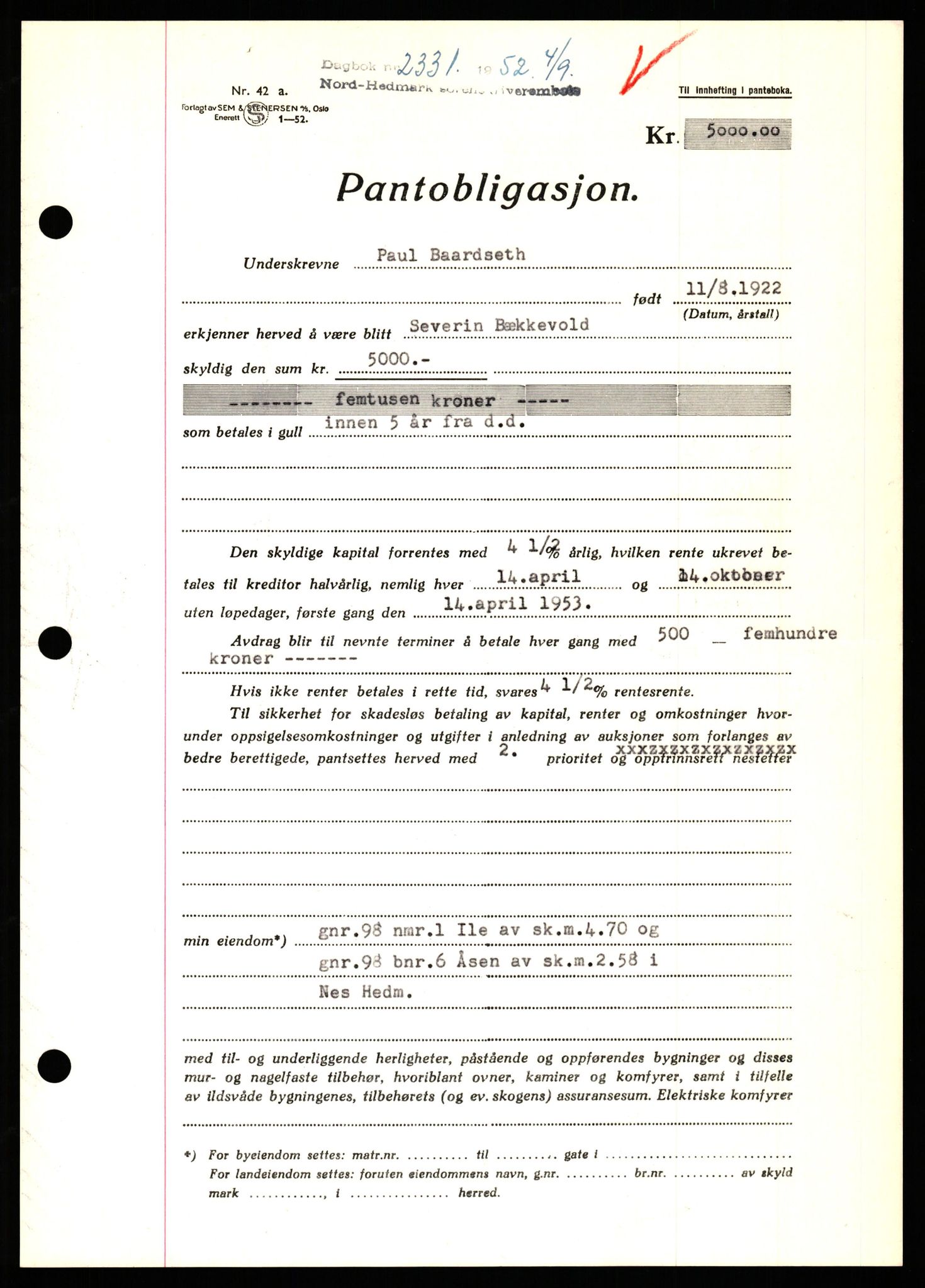 Nord-Hedmark sorenskriveri, SAH/TING-012/H/Hb/Hbf/L0025: Pantebok nr. B25, 1952-1952, Dagboknr: 2331/1952