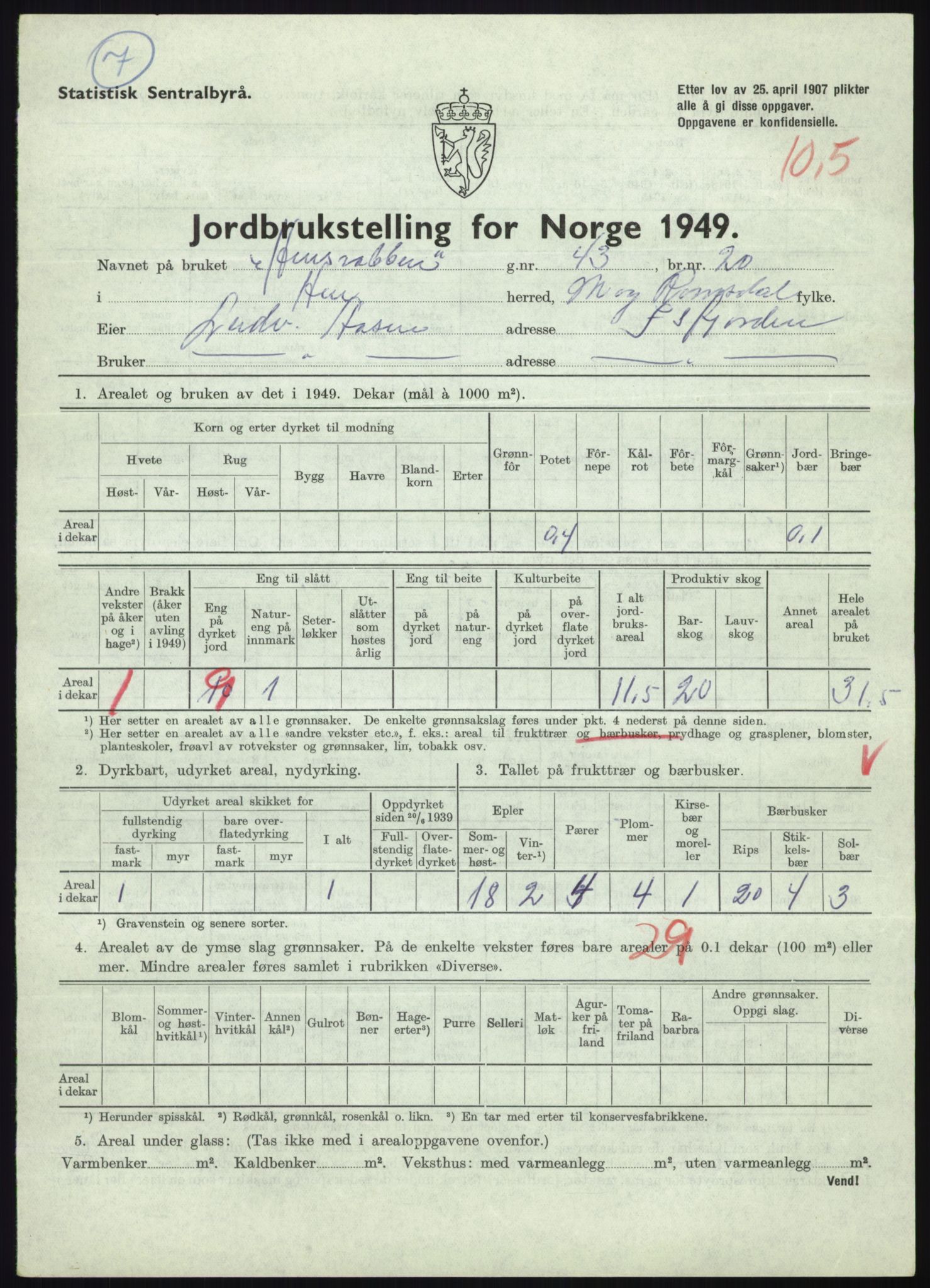 Statistisk sentralbyrå, Næringsøkonomiske emner, Jordbruk, skogbruk, jakt, fiske og fangst, AV/RA-S-2234/G/Gc/L0323: Møre og Romsdal: Grytten og Hen, 1949, s. 563