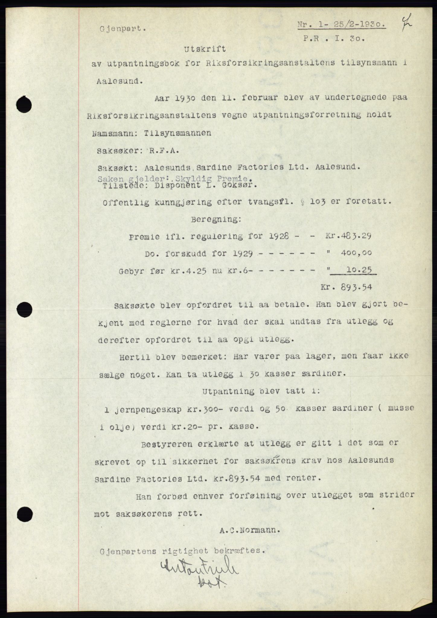 Ålesund byfogd, AV/SAT-A-4384: Pantebok nr. 26, 1930-1930, Tingl.dato: 25.02.1930