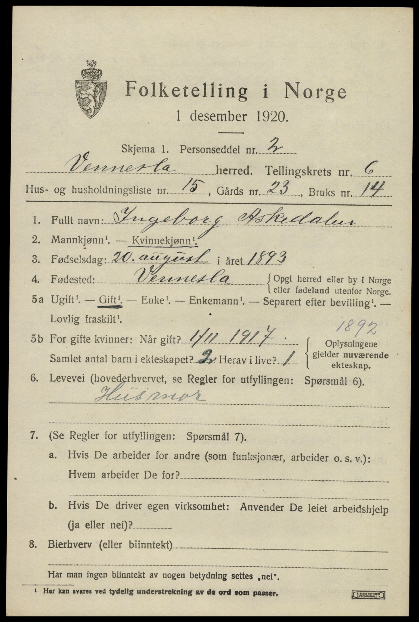 SAK, Folketelling 1920 for 1014 Vennesla herred, 1920, s. 4490