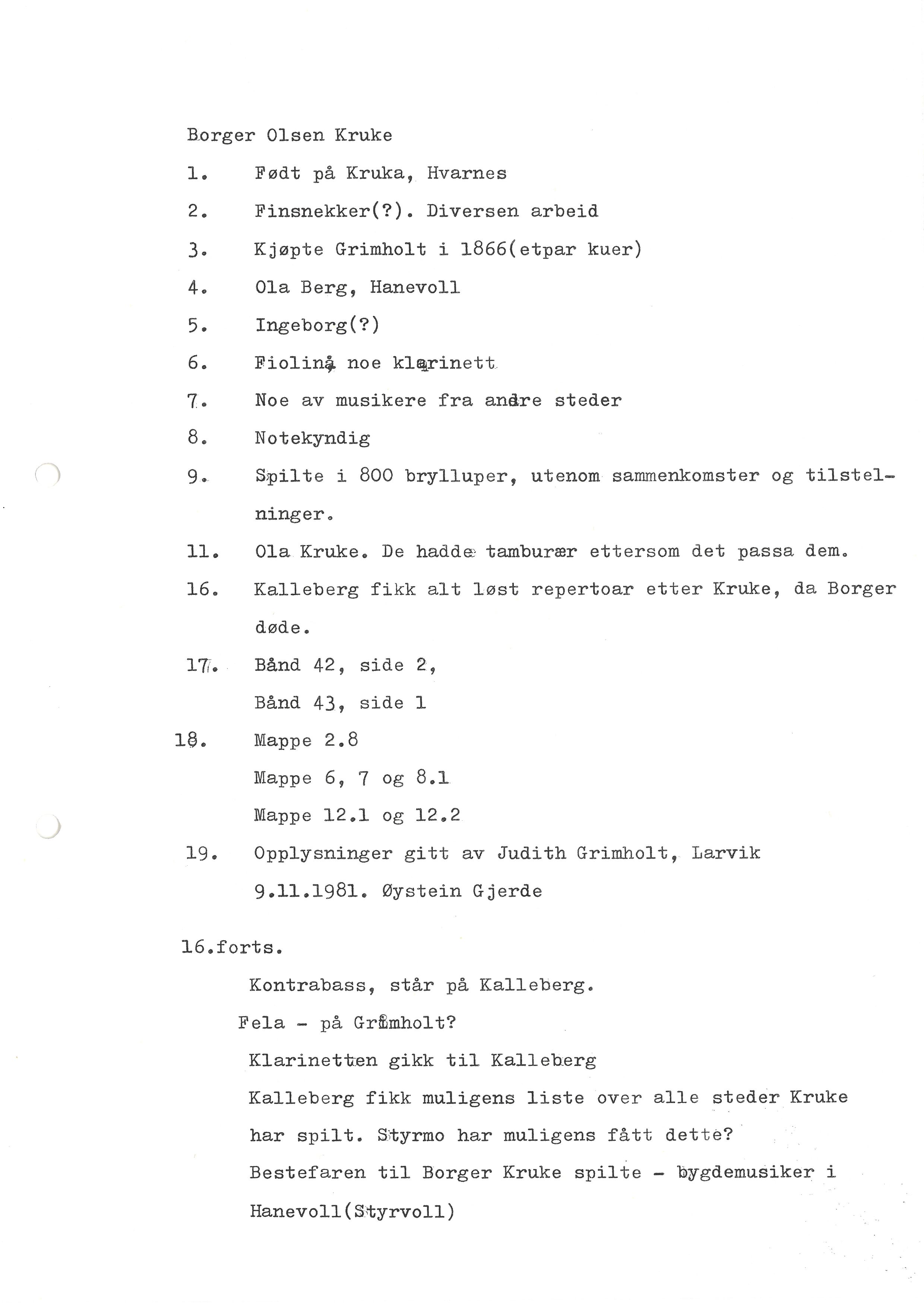 Sa 16 - Folkemusikk fra Vestfold, Gjerdesamlingen, VEMU/A-1868/I/L0001: Informantregister med intervjunedtegnelser, 1979-1986