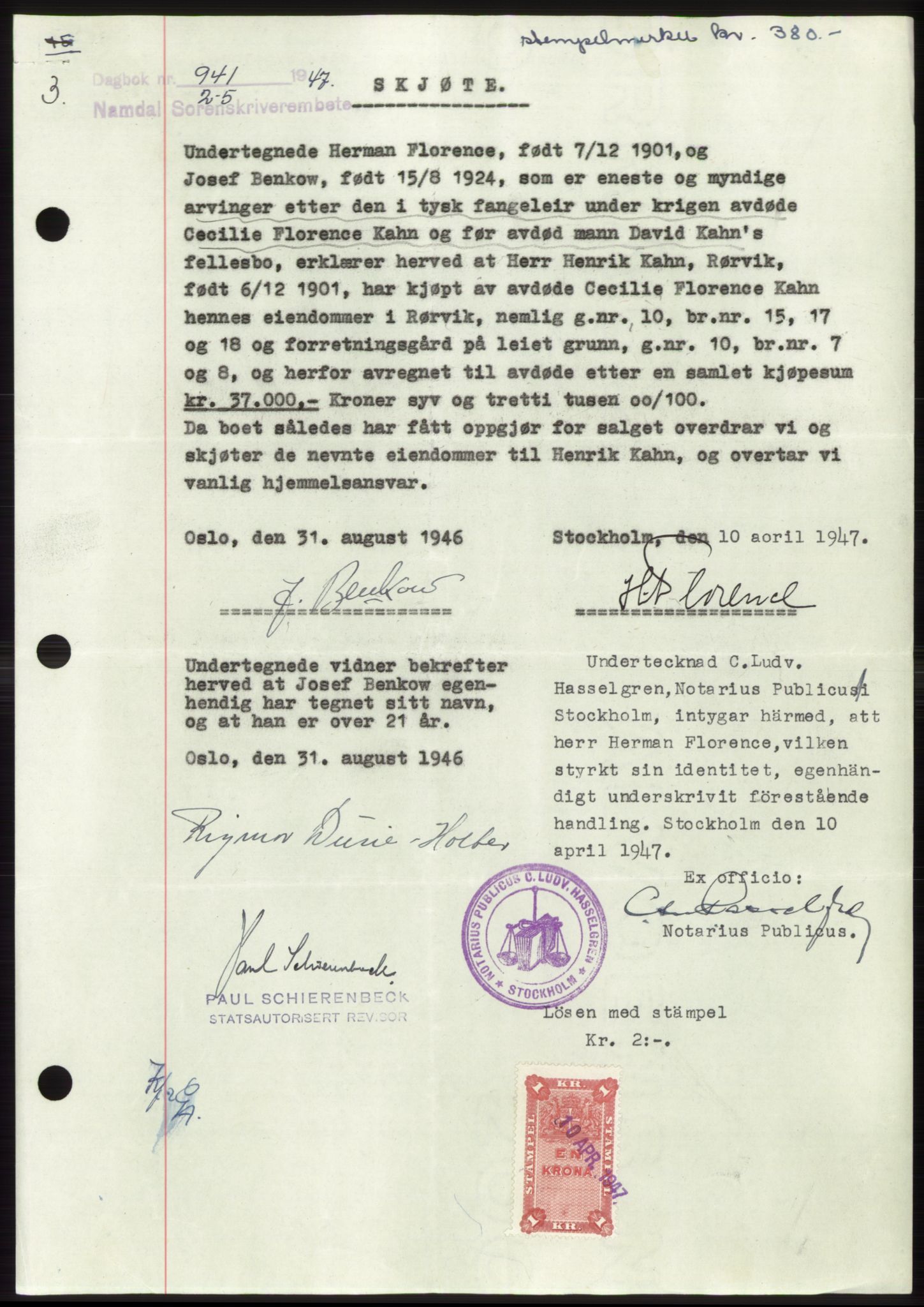Namdal sorenskriveri, SAT/A-4133/1/2/2C: Pantebok nr. -, 1947-1947, Dagboknr: 941/1947
