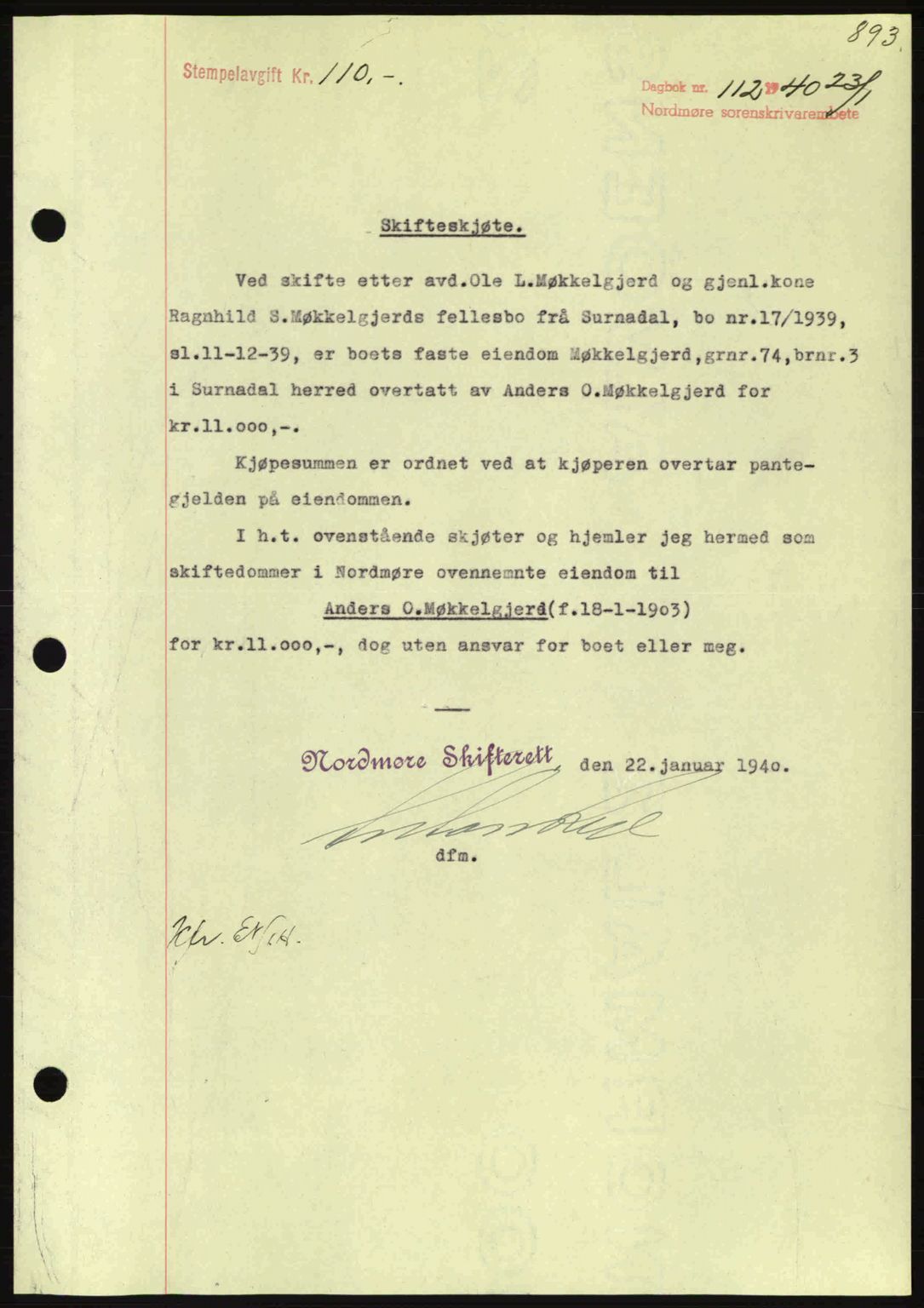 Nordmøre sorenskriveri, SAT/A-4132/1/2/2Ca: Pantebok nr. A87, 1939-1940, Dagboknr: 112/1940