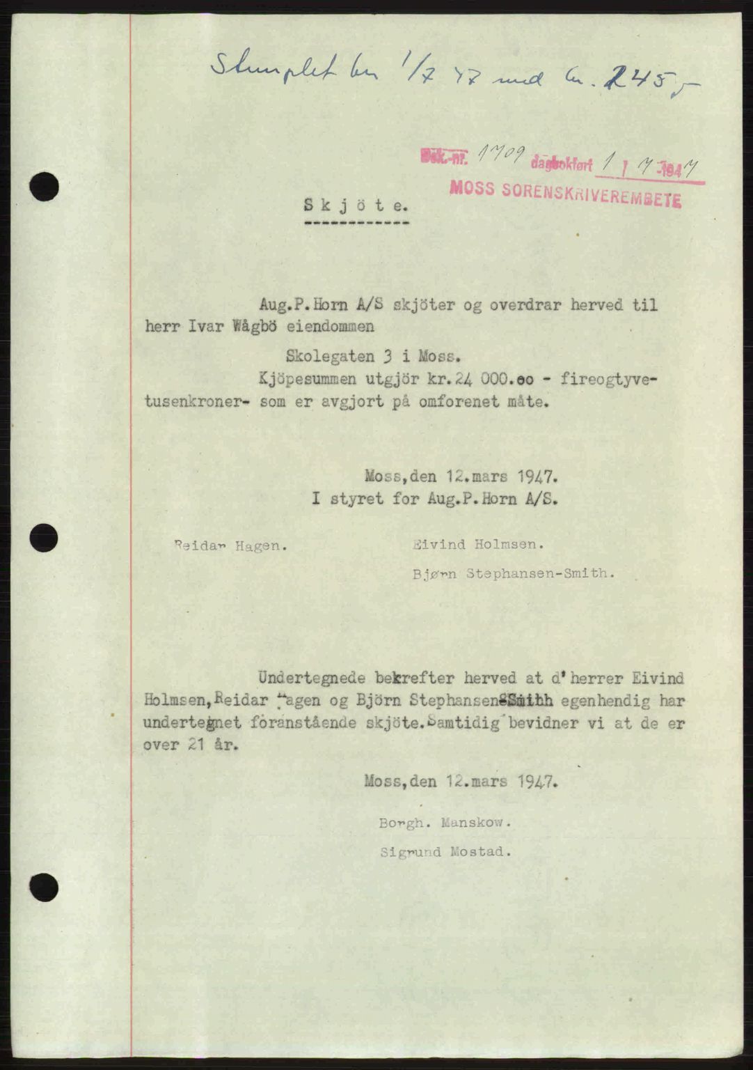 Moss sorenskriveri, SAO/A-10168: Pantebok nr. A17, 1947-1947, Dagboknr: 1709/1947