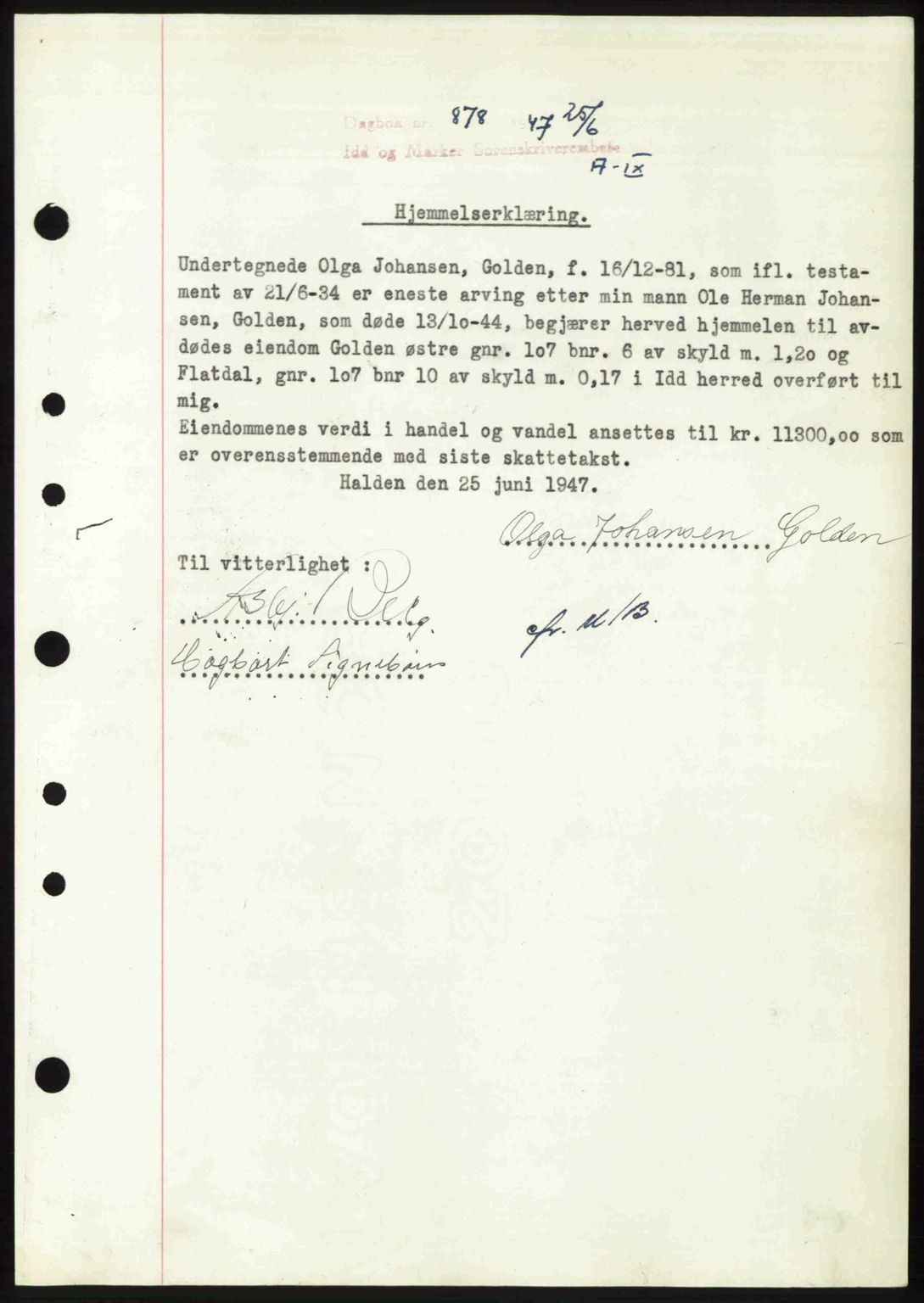 Idd og Marker sorenskriveri, SAO/A-10283/G/Gb/Gbb/L0009: Pantebok nr. A9, 1946-1947, Dagboknr: 878/1947