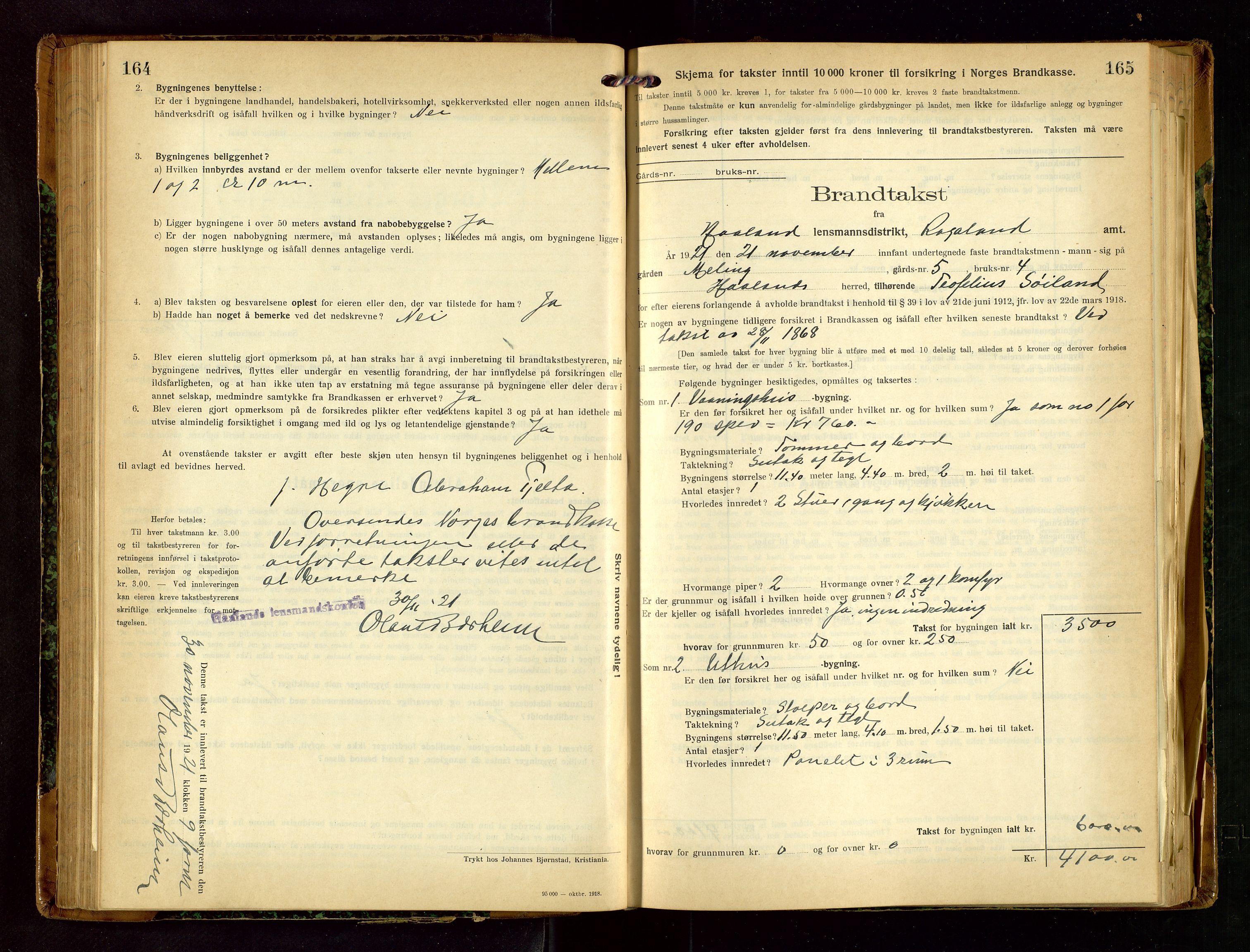 Håland lensmannskontor, AV/SAST-A-100100/Gob/L0007: Branntakstprotokoll - skjematakst. Register i boken., 1920-1925, s. 164-165