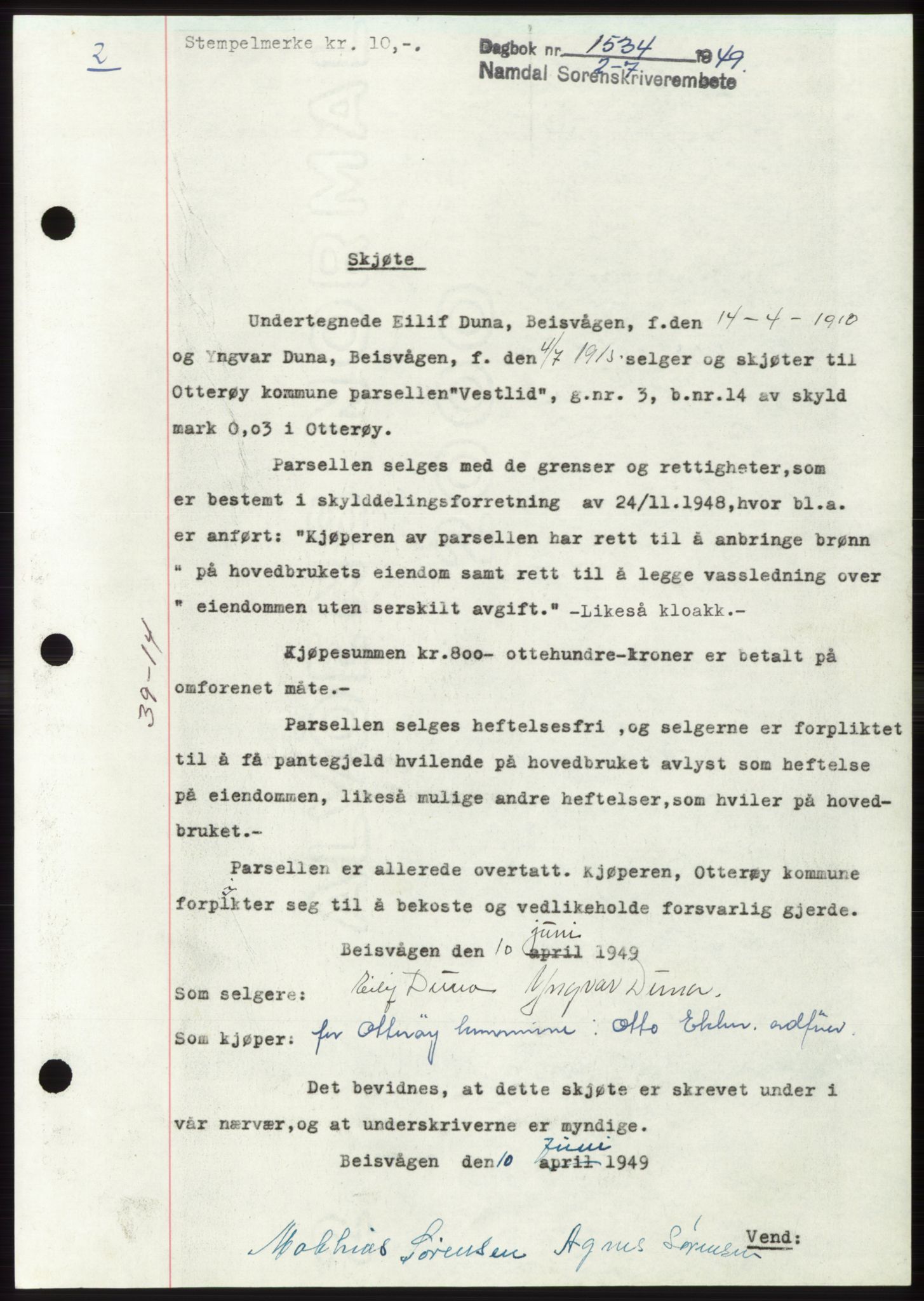 Namdal sorenskriveri, SAT/A-4133/1/2/2C: Pantebok nr. -, 1949-1949, Dagboknr: 1534/1949