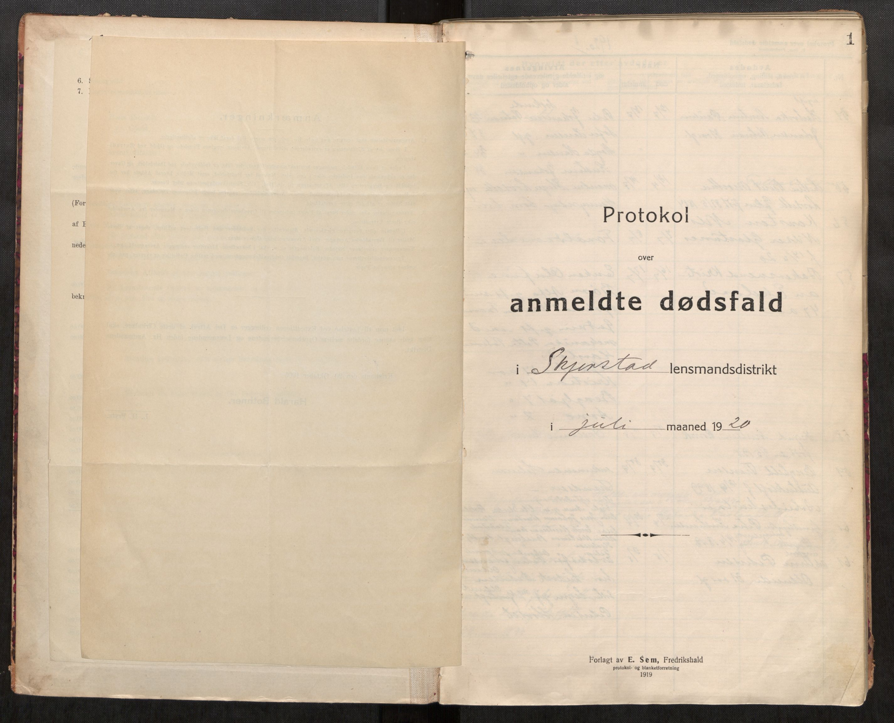 Skjerstad lensmannskontor, SAT/A-5910/2/Ga/L0005: Dødsfallsprotokoll, 1920-1924, s. 1