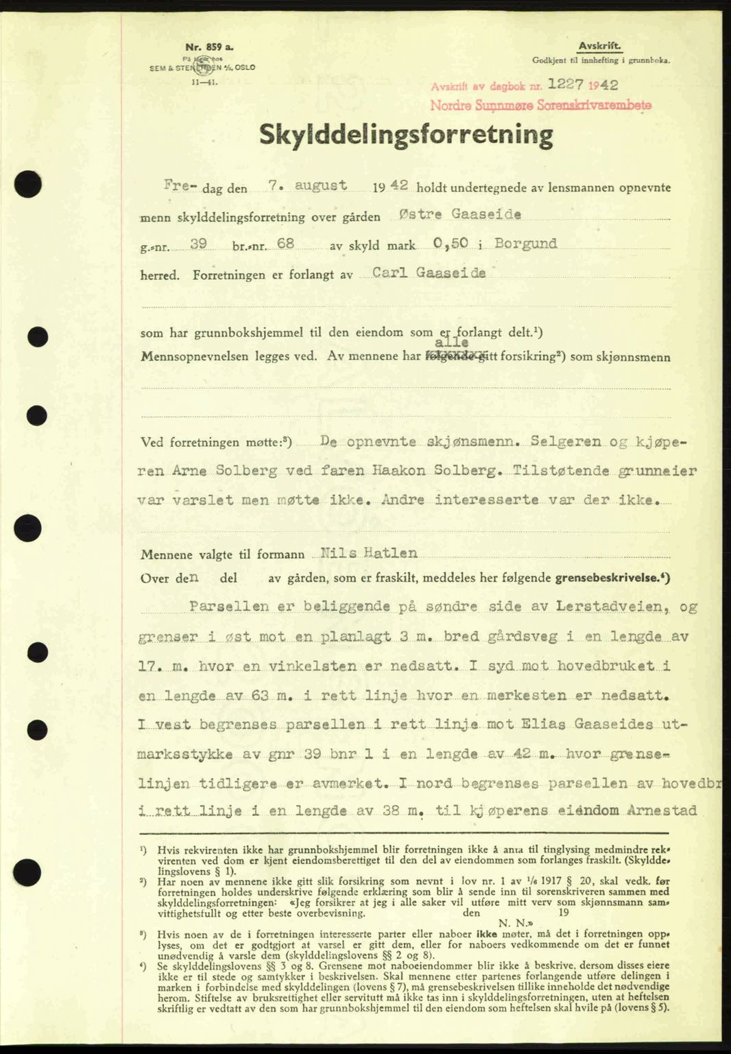 Nordre Sunnmøre sorenskriveri, SAT/A-0006/1/2/2C/2Ca: Pantebok nr. A14, 1942-1942, Dagboknr: 1227/1942