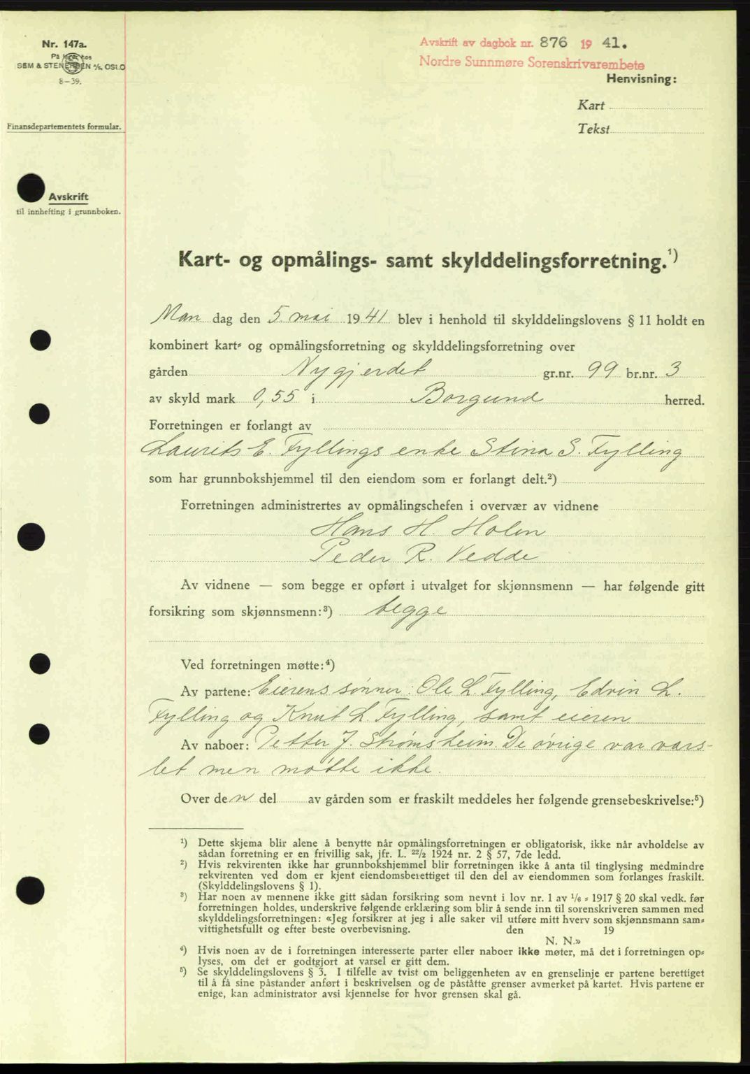 Nordre Sunnmøre sorenskriveri, SAT/A-0006/1/2/2C/2Ca: Pantebok nr. A11, 1941-1941, Dagboknr: 876/1941