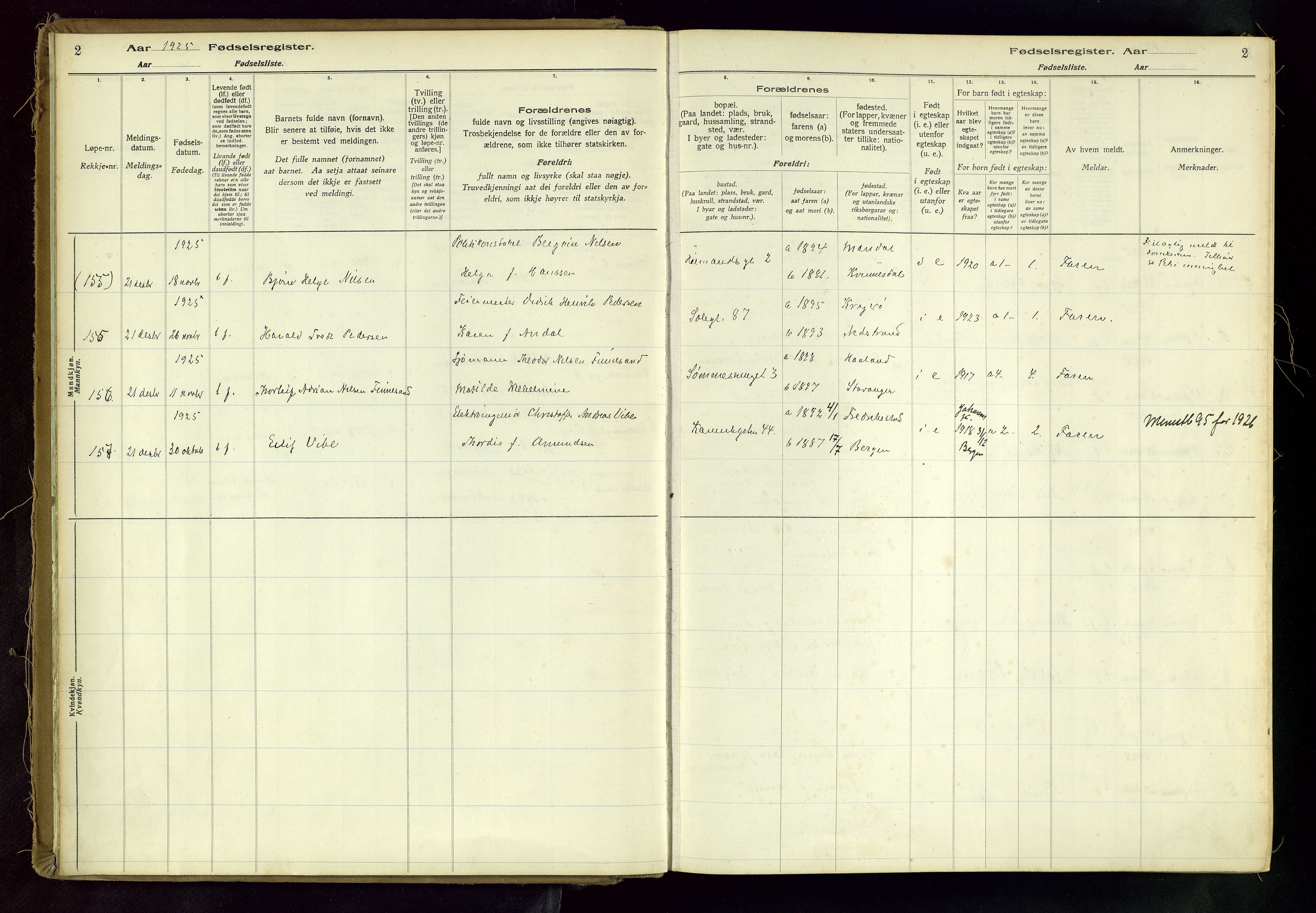 Domkirken sokneprestkontor, SAST/A-101812/002/A/L0001: Fødselsregister nr. 1, 1925-1932, s. 2