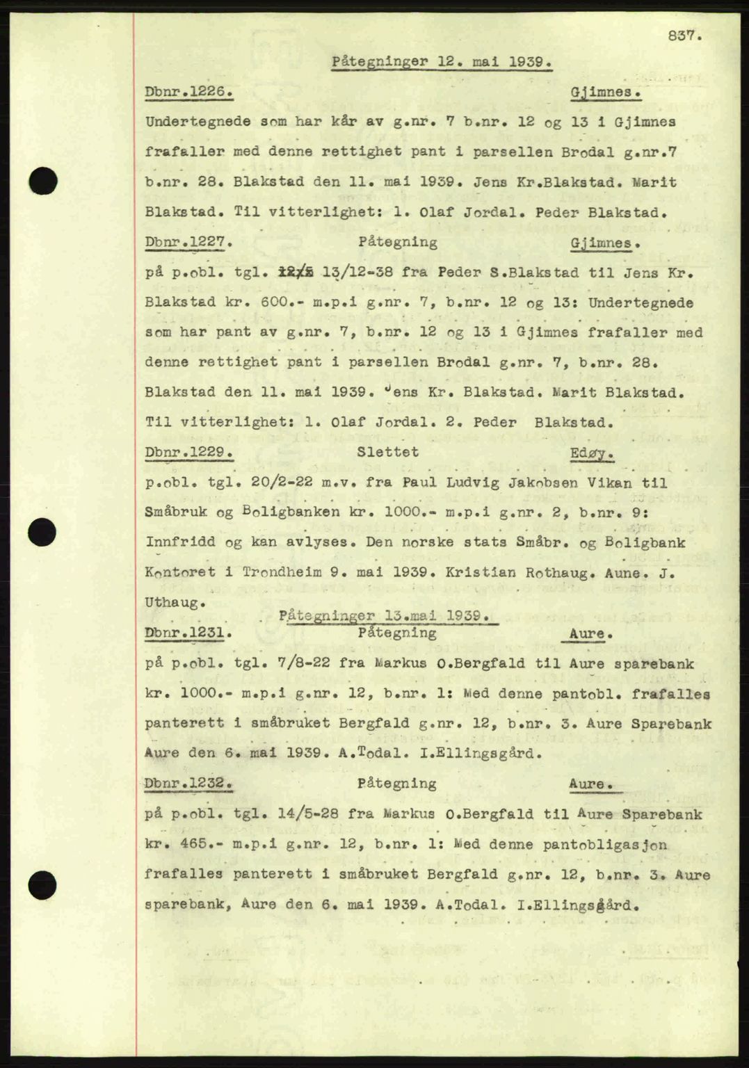 Nordmøre sorenskriveri, SAT/A-4132/1/2/2Ca: Pantebok nr. C80, 1936-1939, Dagboknr: 1226/1939