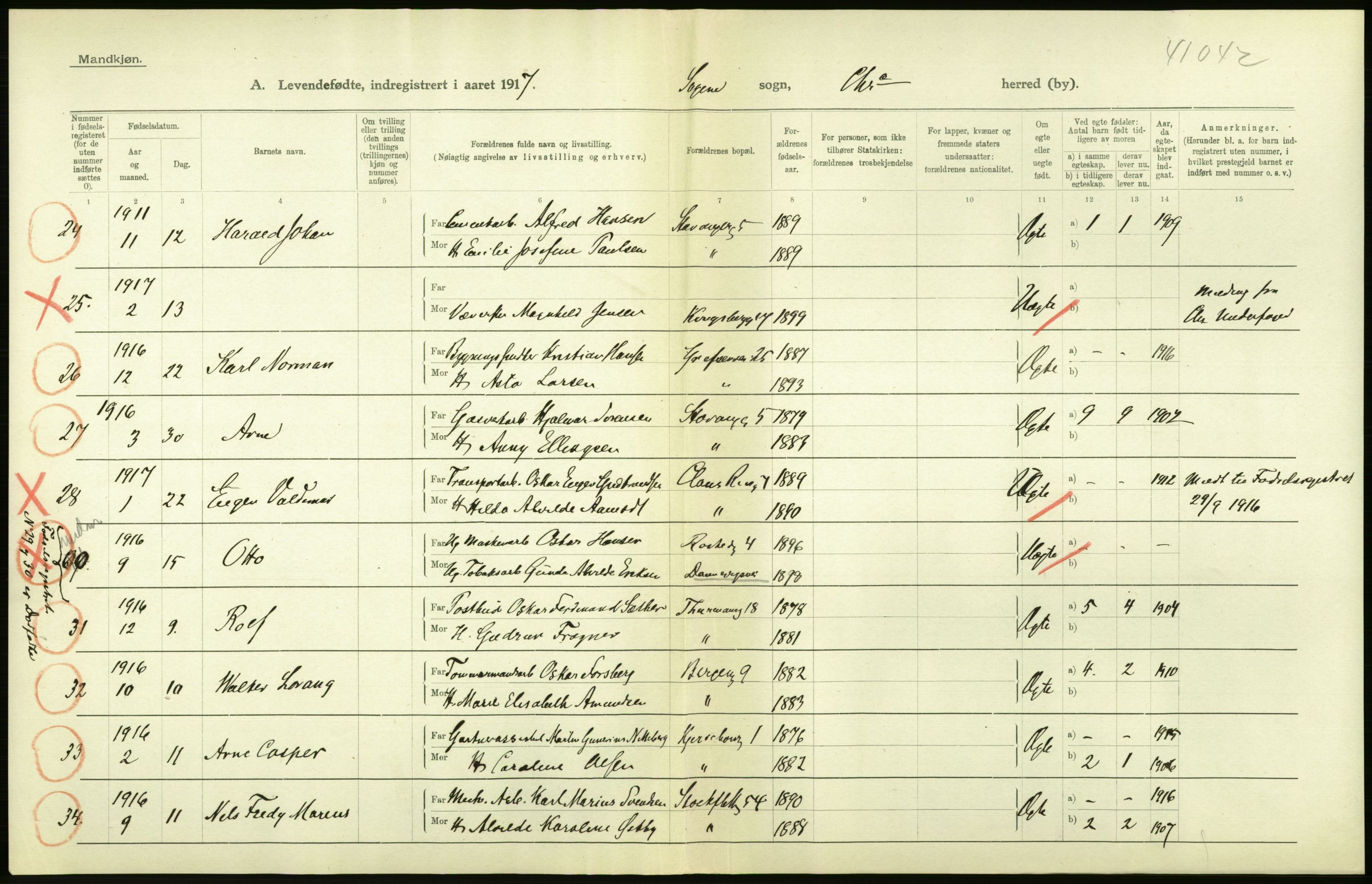 Statistisk sentralbyrå, Sosiodemografiske emner, Befolkning, AV/RA-S-2228/D/Df/Dfb/Dfbg/L0007: Kristiania: Levendefødte menn og kvinner., 1917, s. 88