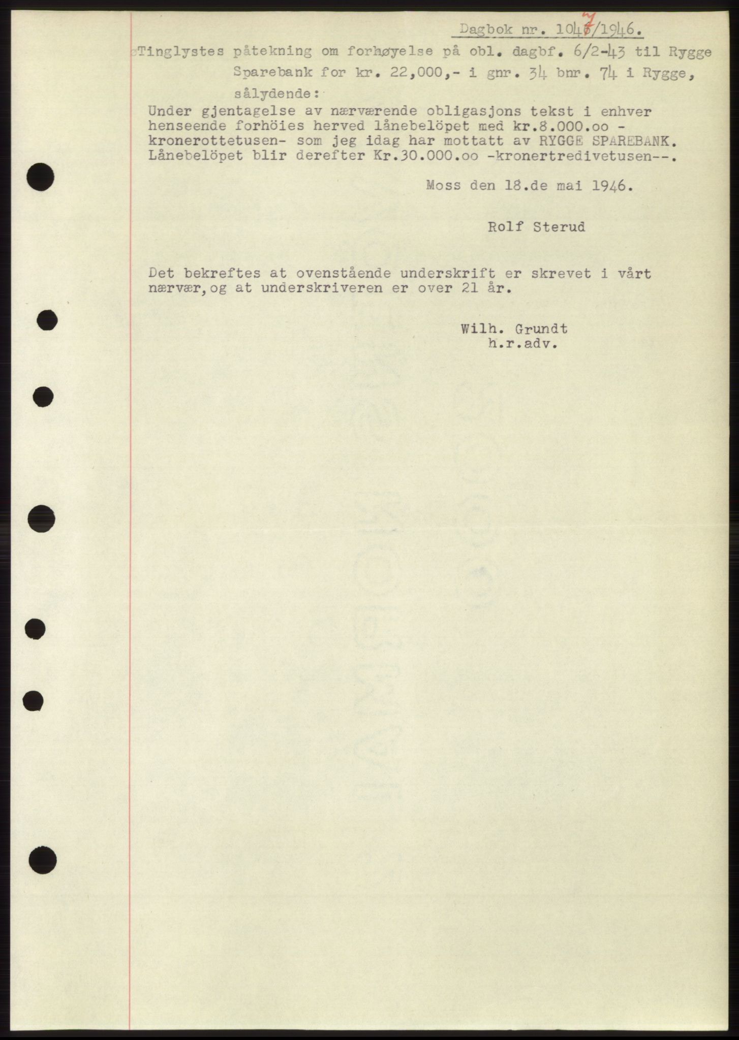 Moss sorenskriveri, SAO/A-10168: Pantebok nr. B15, 1946-1946, Dagboknr: 1047/1946