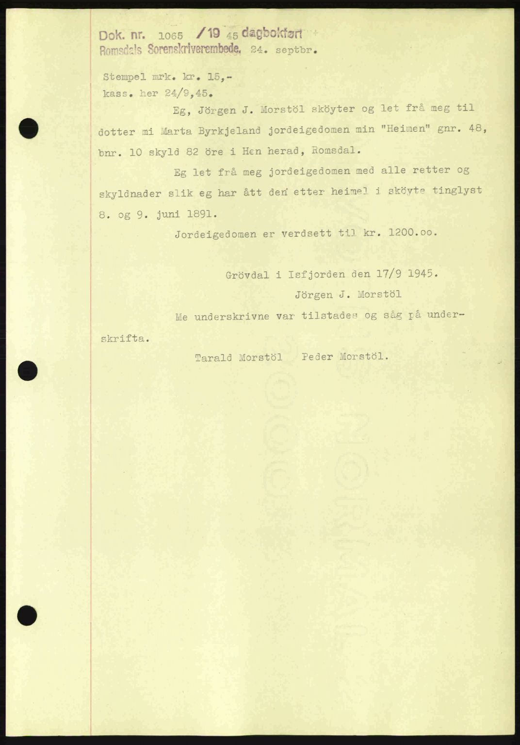Romsdal sorenskriveri, SAT/A-4149/1/2/2C: Pantebok nr. A18, 1945-1945, Dagboknr: 1065/1945