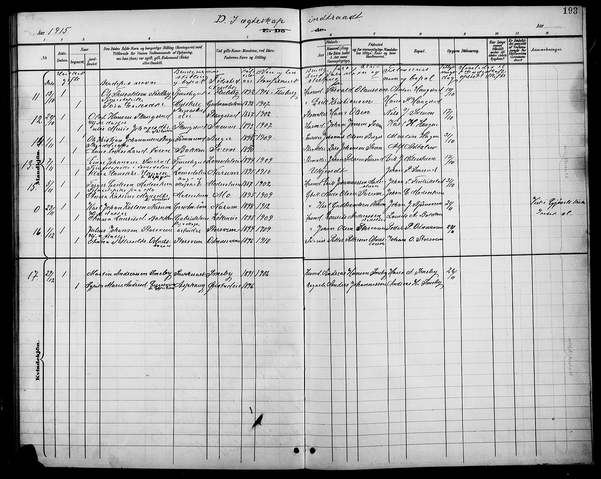 Søndre Land prestekontor, SAH/PREST-122/L/L0004: Klokkerbok nr. 4, 1901-1915, s. 193