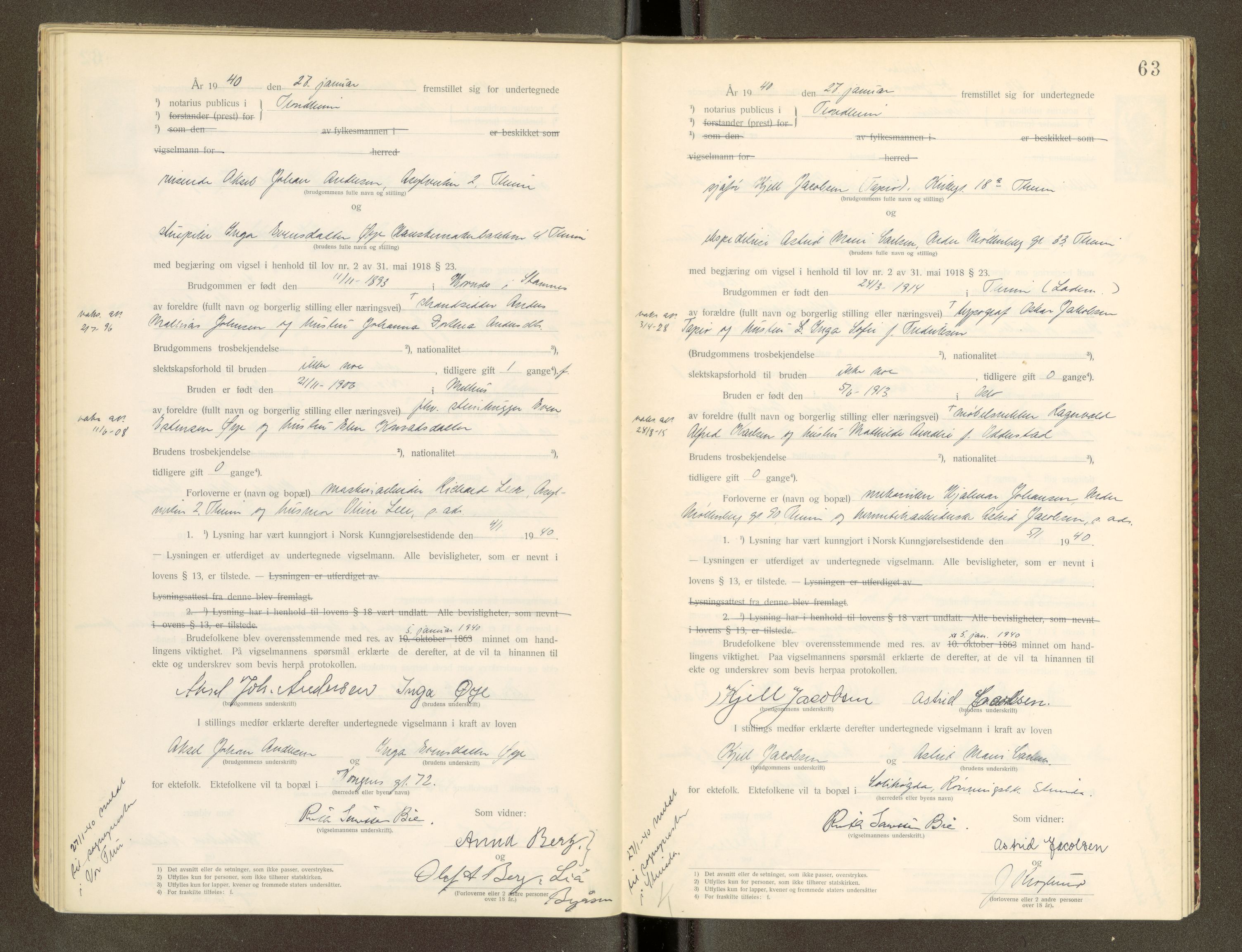 Trondheim byfogd, AV/SAT-A-0003/1/6/6D/L0002: Vigselbøker, 1937-1942, s. 63