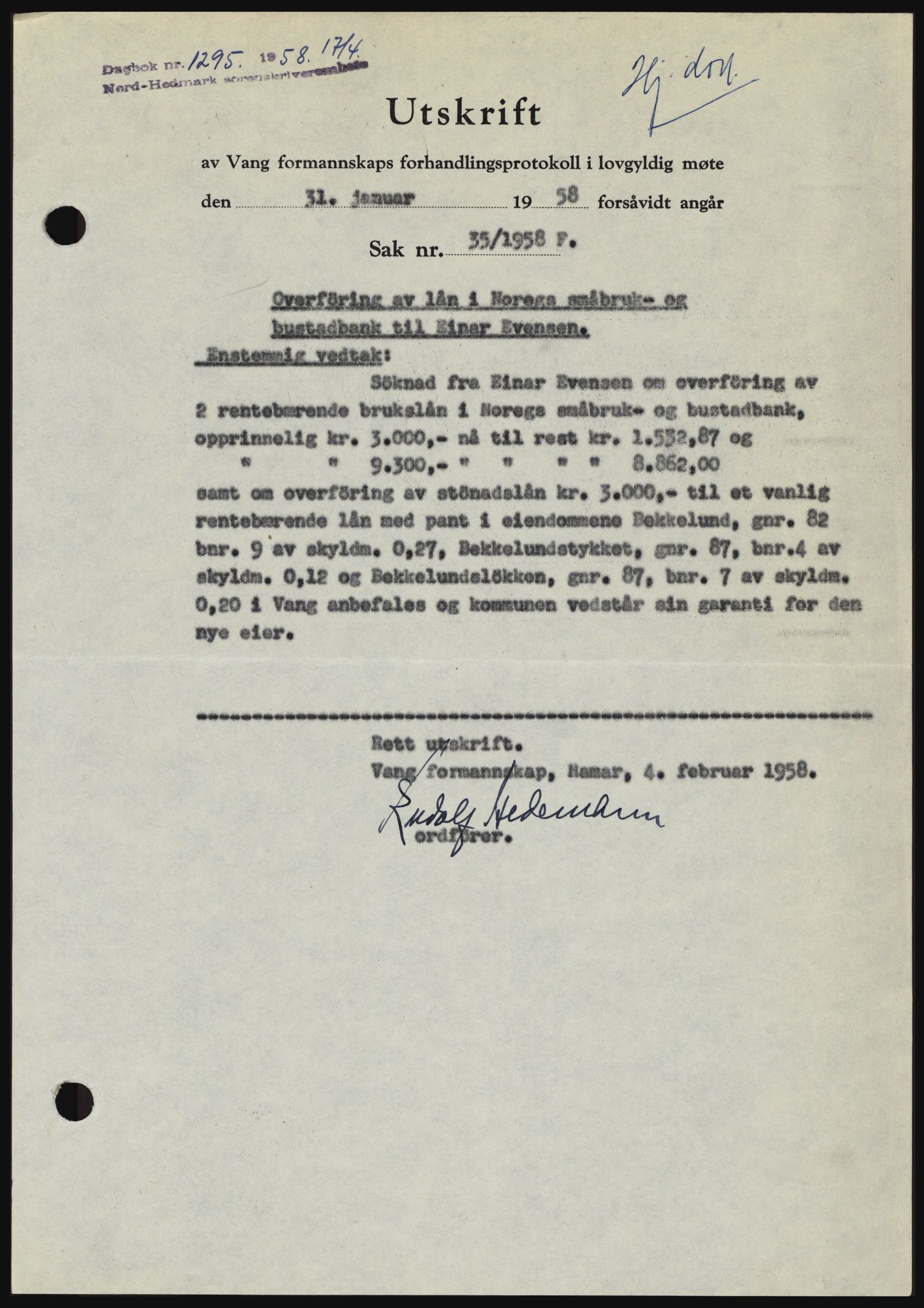 Nord-Hedmark sorenskriveri, SAH/TING-012/H/Hc/L0012: Pantebok nr. 12, 1957-1958, Dagboknr: 1295/1958