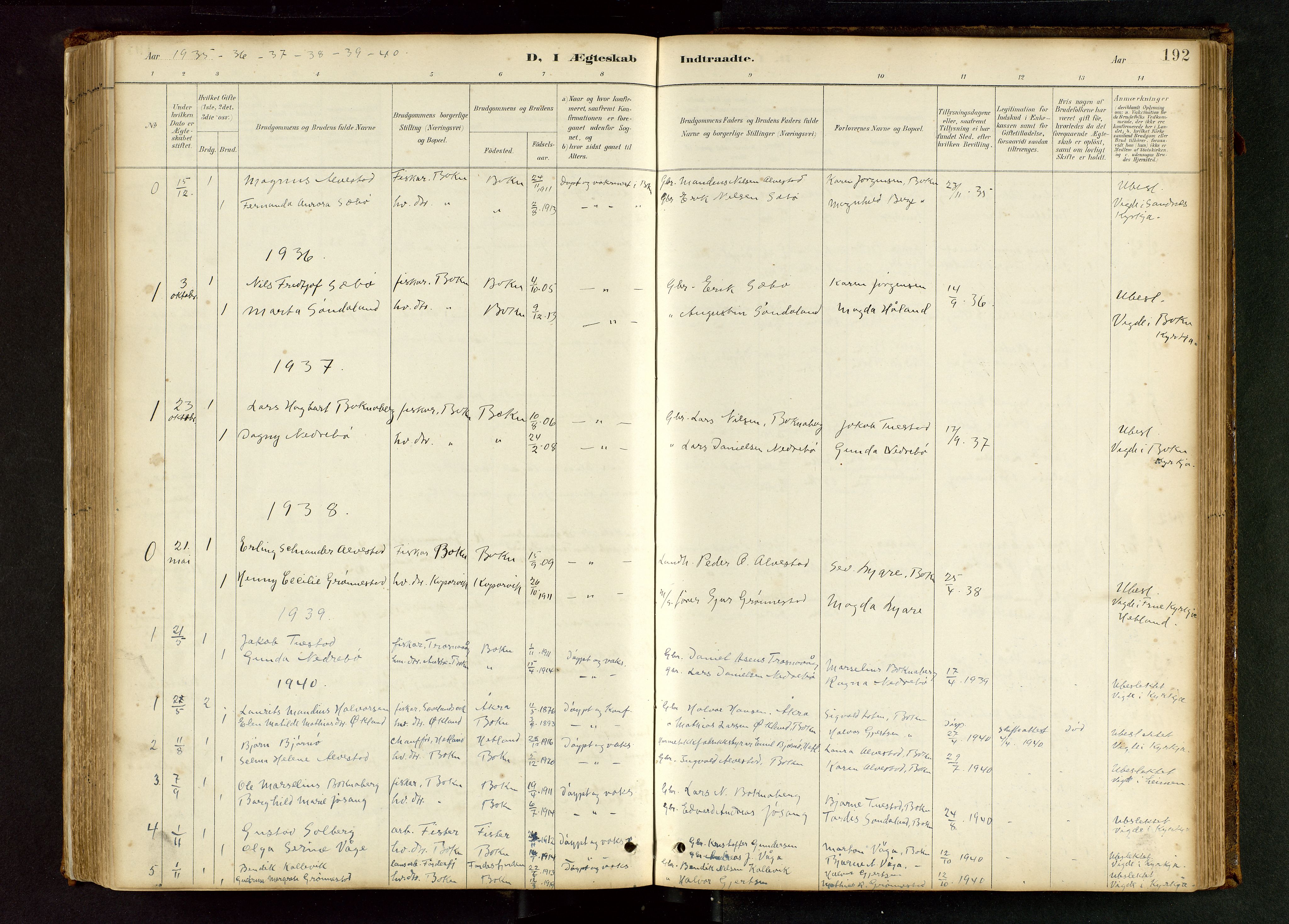 Tysvær sokneprestkontor, SAST/A -101864/H/Ha/Hab/L0005: Klokkerbok nr. B 5, 1887-1947, s. 192