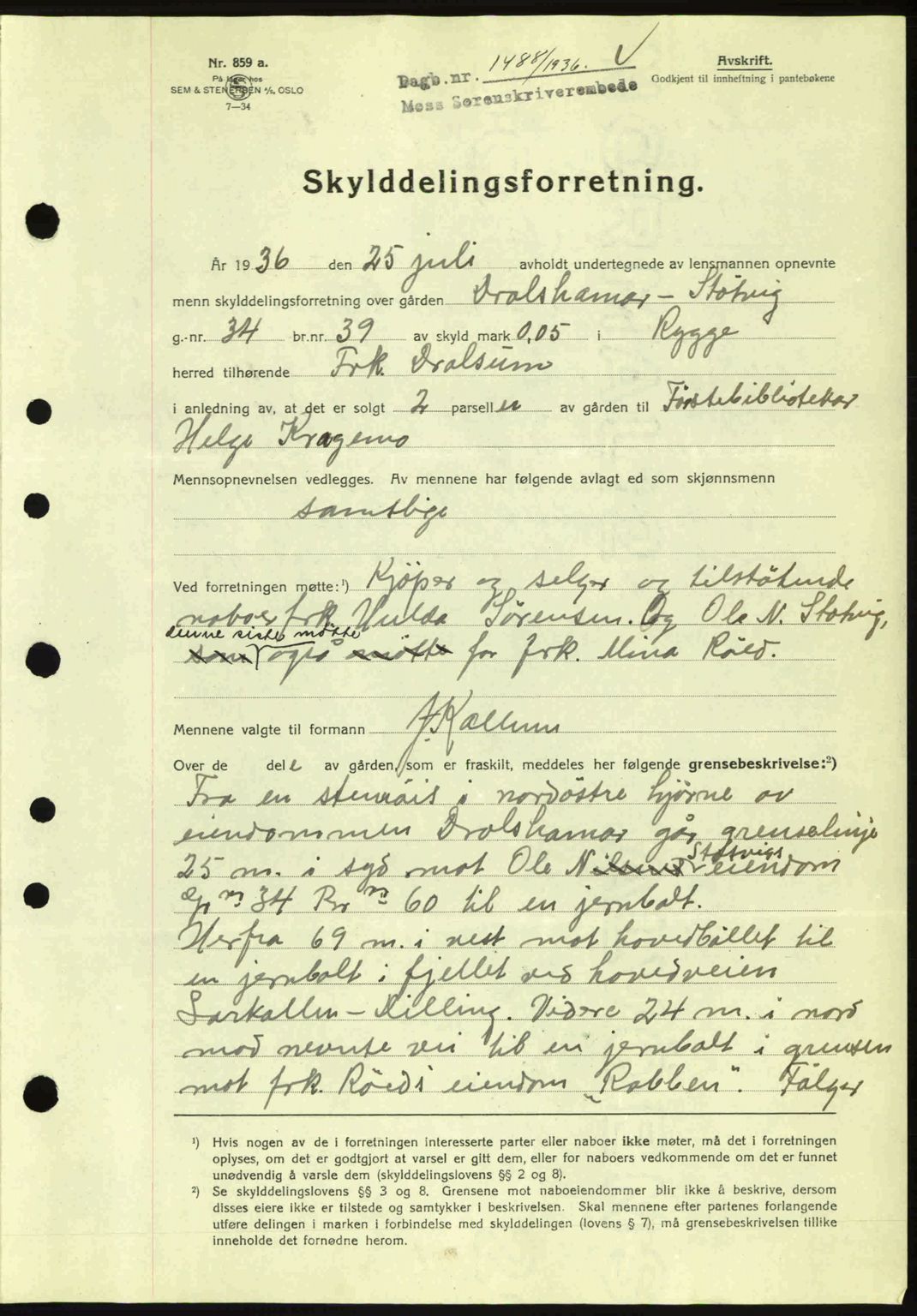 Moss sorenskriveri, SAO/A-10168: Pantebok nr. A1, 1936-1936, Dagboknr: 1488/1936