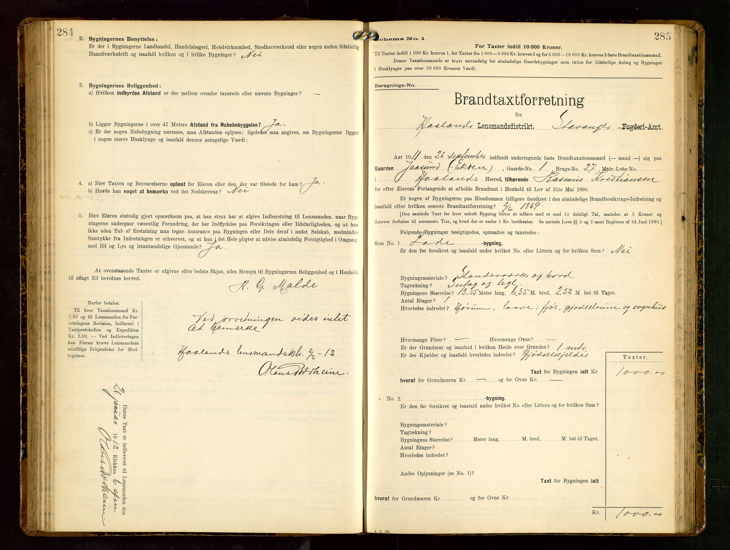 Håland lensmannskontor, AV/SAST-A-100100/Gob/L0003: Branntakstprotokoll - skjematakst. Register i boken., 1909-1910, s. 284-285