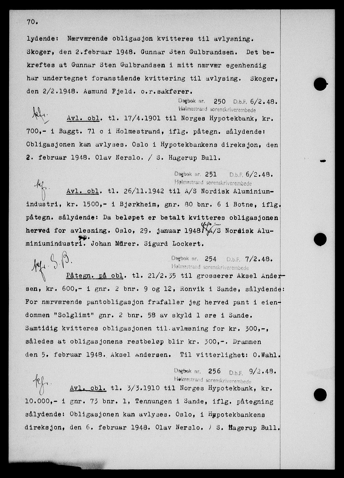 Holmestrand sorenskriveri, SAKO/A-67/G/Ga/Gab/L0058: Pantebok nr. B-58, 1947-1948, s. 70, Dagboknr: 250/1948