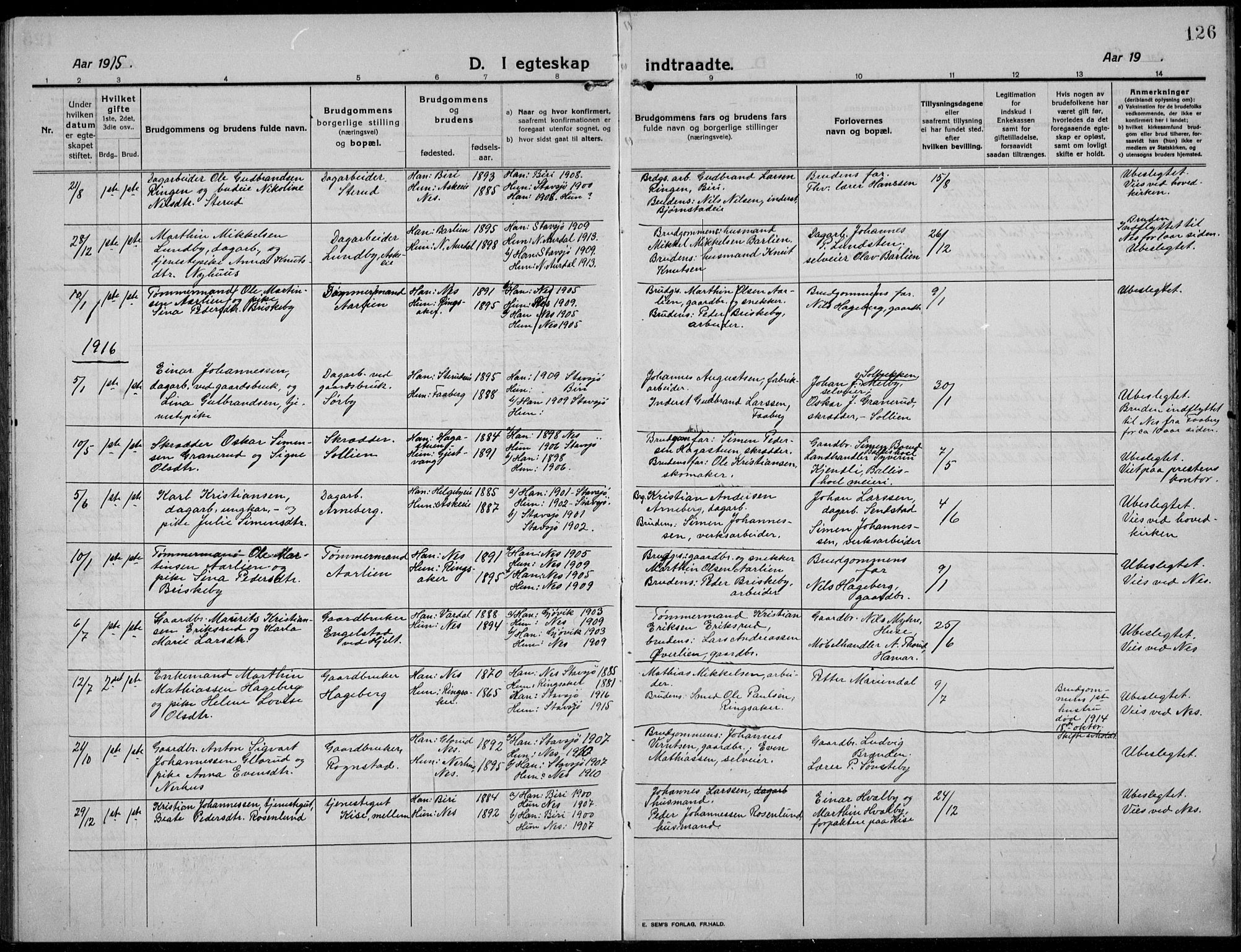 Nes prestekontor, Hedmark, AV/SAH-PREST-020/L/La/L0009: Klokkerbok nr. 9, 1913-1936, s. 126