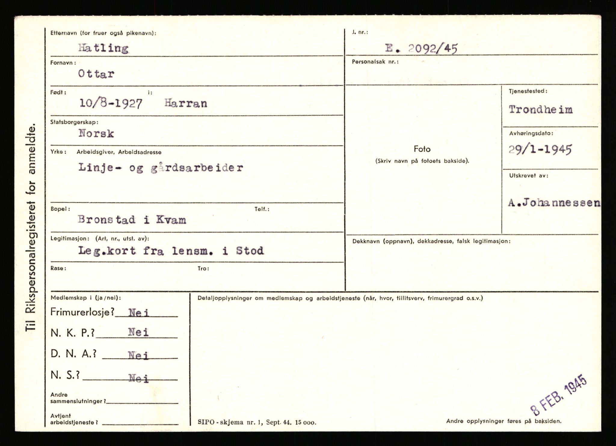 Statspolitiet - Hovedkontoret / Osloavdelingen, AV/RA-S-1329/C/Ca/L0006: Hanche - Hokstvedt, 1943-1945, s. 2066