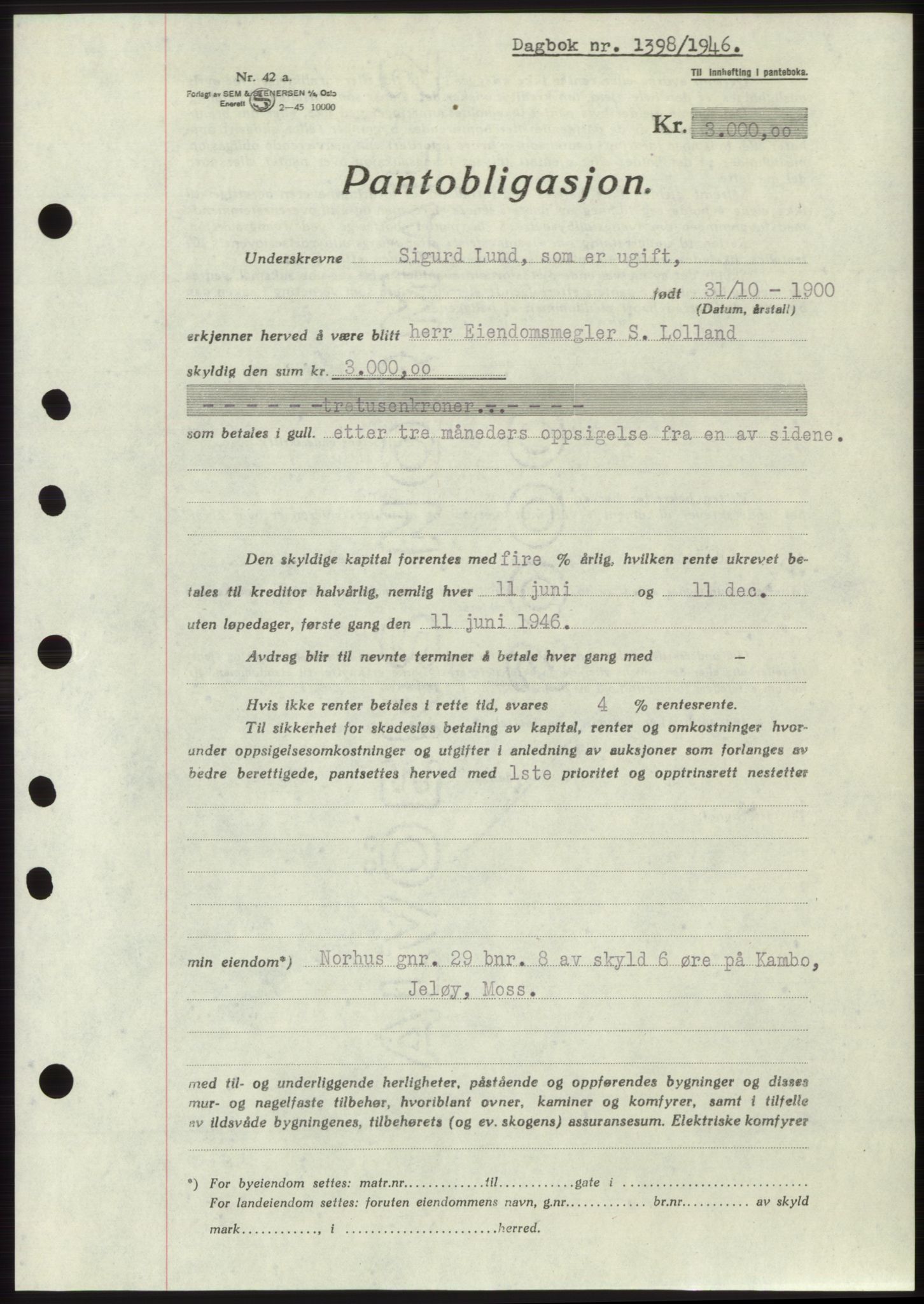 Moss sorenskriveri, SAO/A-10168: Pantebok nr. B15, 1946-1946, Dagboknr: 1398/1946