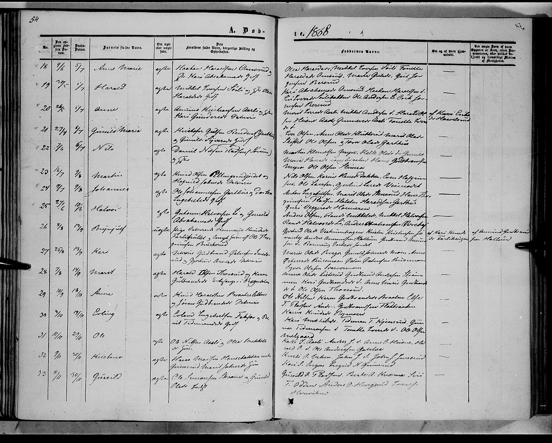 Sør-Aurdal prestekontor, AV/SAH-PREST-128/H/Ha/Haa/L0007: Ministerialbok nr. 7, 1849-1876, s. 54