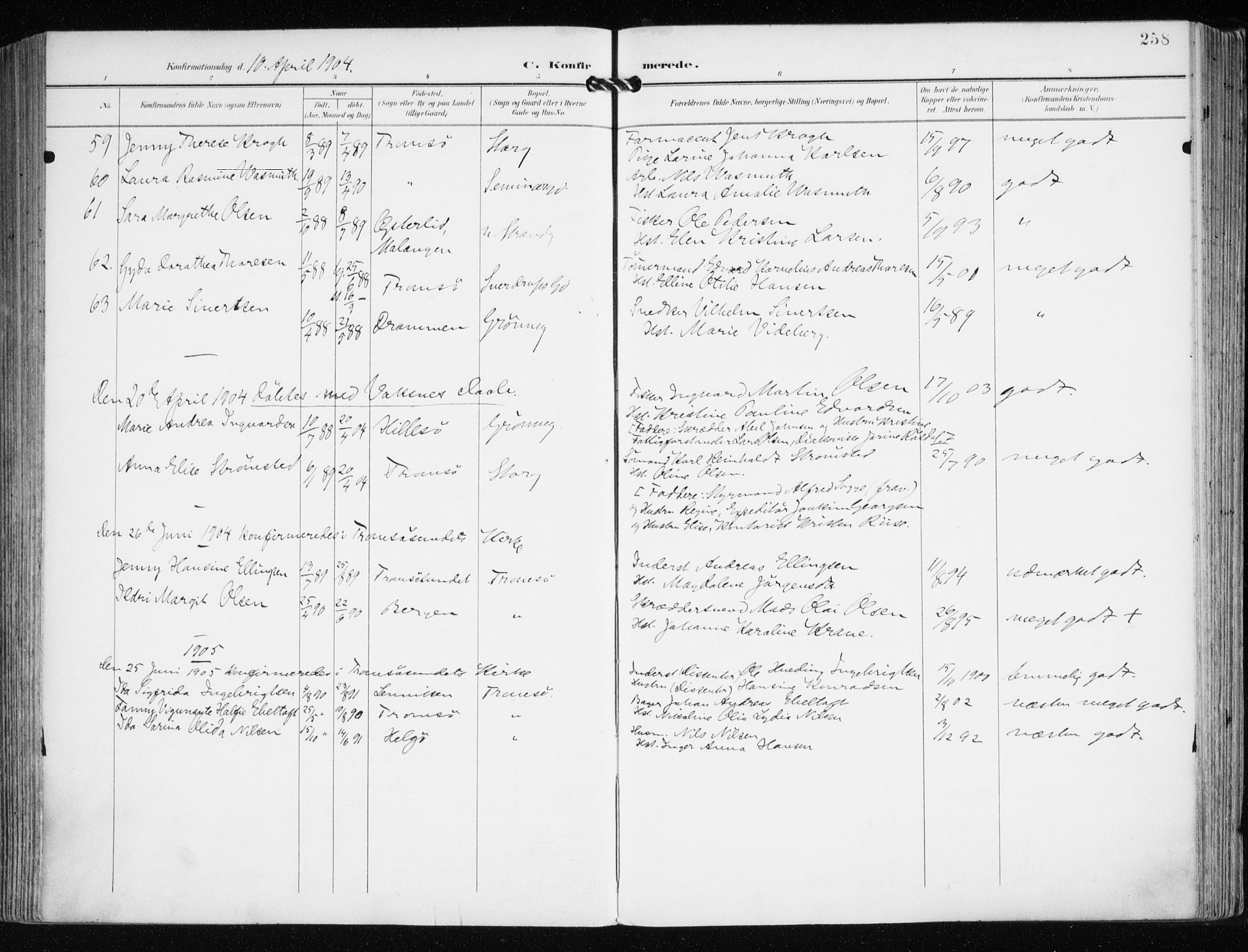 Tromsø sokneprestkontor/stiftsprosti/domprosti, AV/SATØ-S-1343/G/Ga/L0016kirke: Ministerialbok nr. 16, 1899-1906, s. 258
