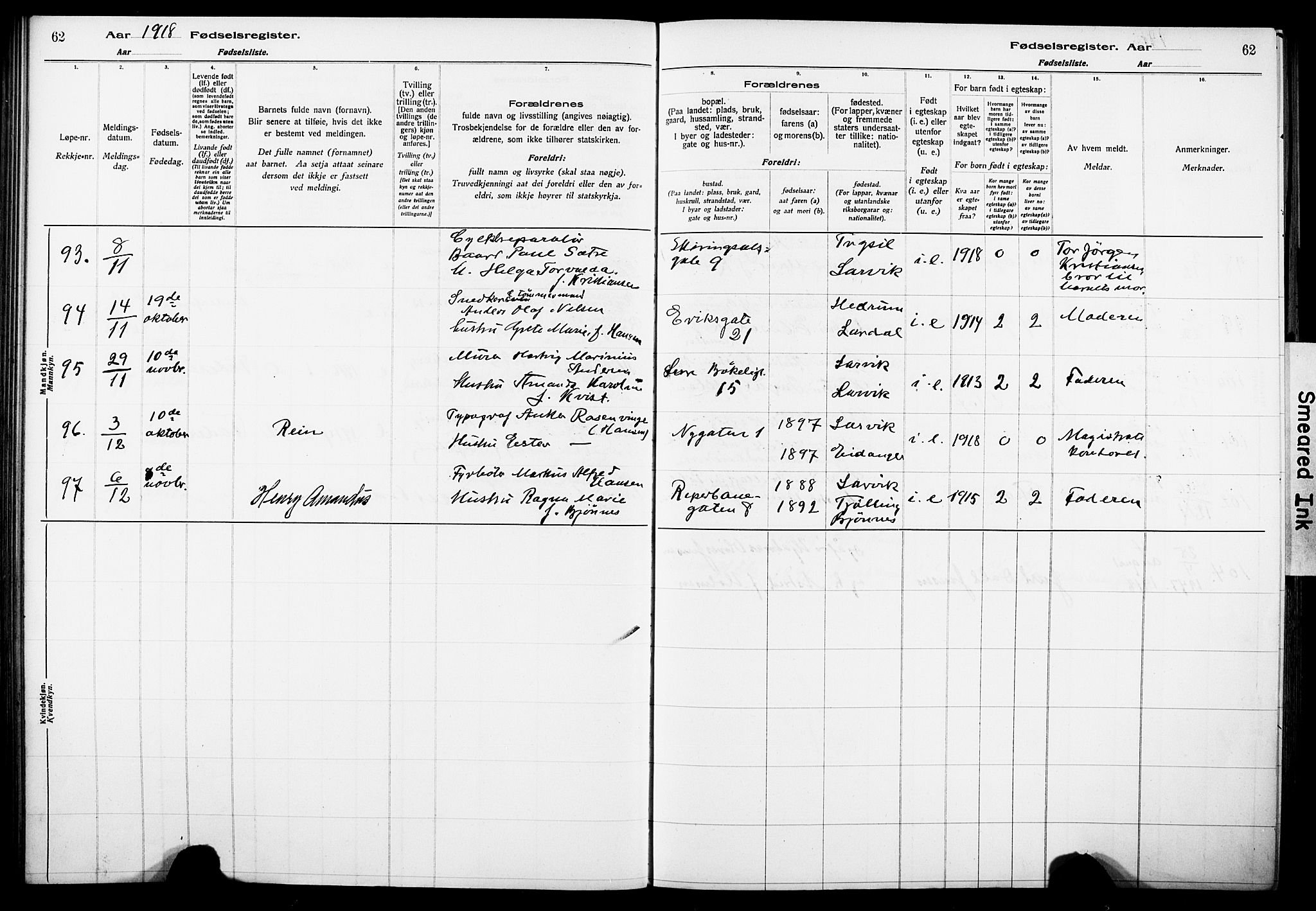 Larvik kirkebøker, AV/SAKO-A-352/J/Ja/L0001: Fødselsregister nr. I 1, 1916-1926, s. 62