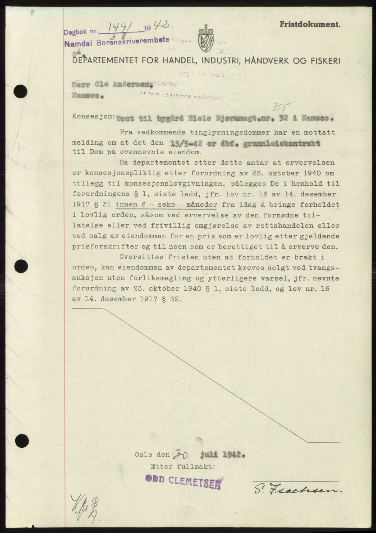 Namdal sorenskriveri, SAT/A-4133/1/2/2C: Pantebok nr. -, 1942-1943, Dagboknr: 1491/1942