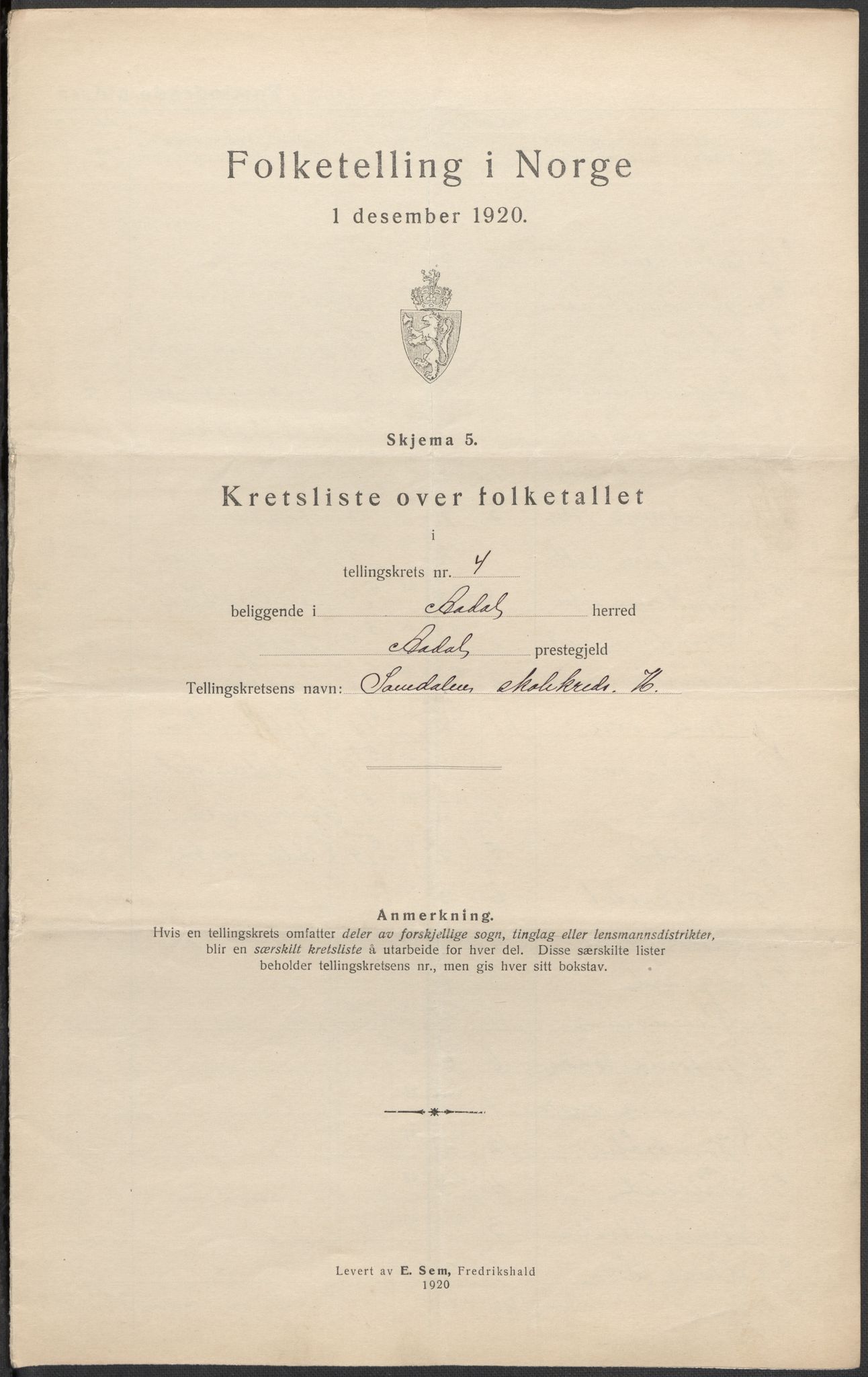 SAKO, Folketelling 1920 for 0614 Ådal herred, 1920, s. 15