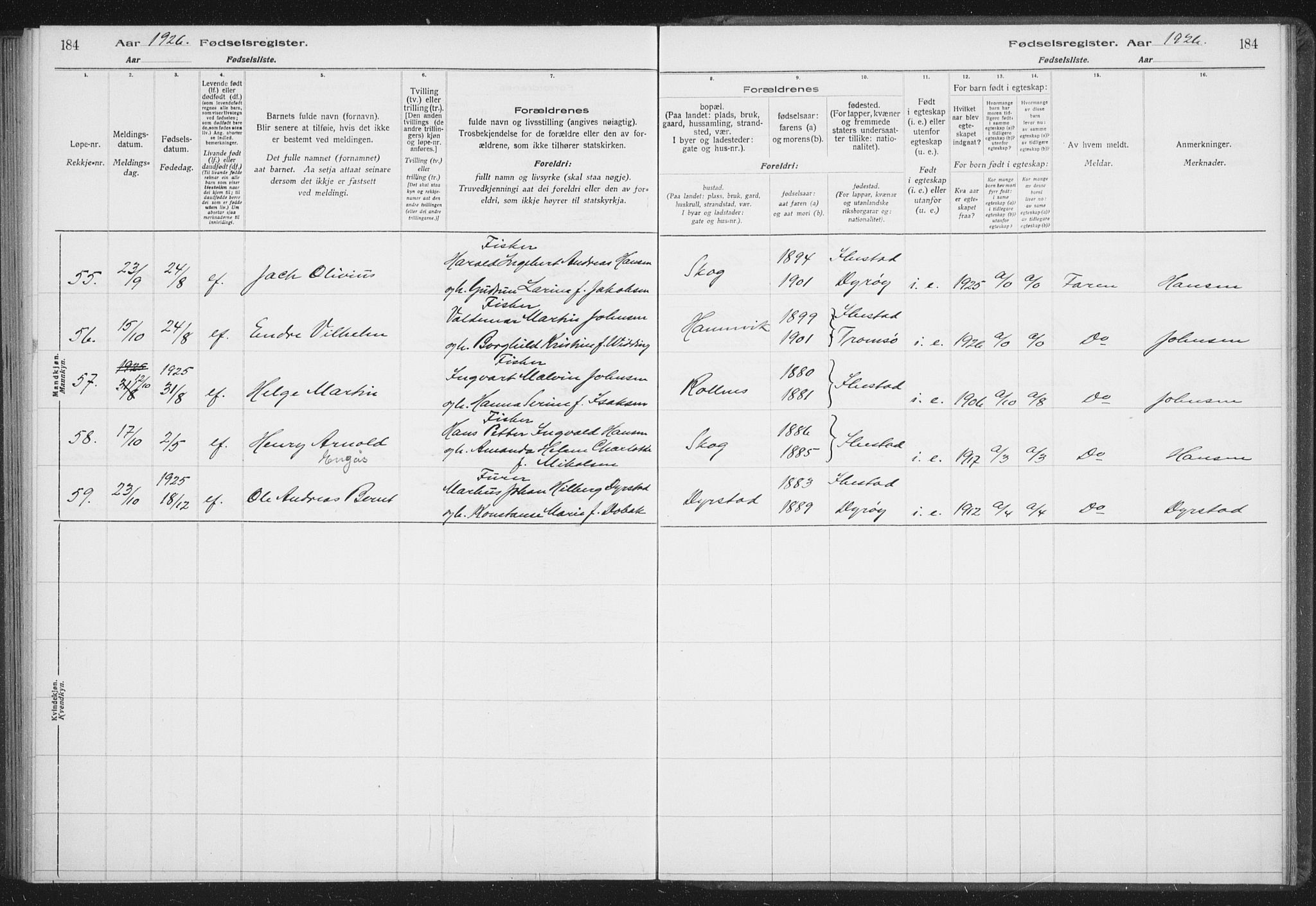 Ibestad sokneprestembete, AV/SATØ-S-0077/I/Ic/L0061: Fødselsregister nr. 61, 1917-1929, s. 184