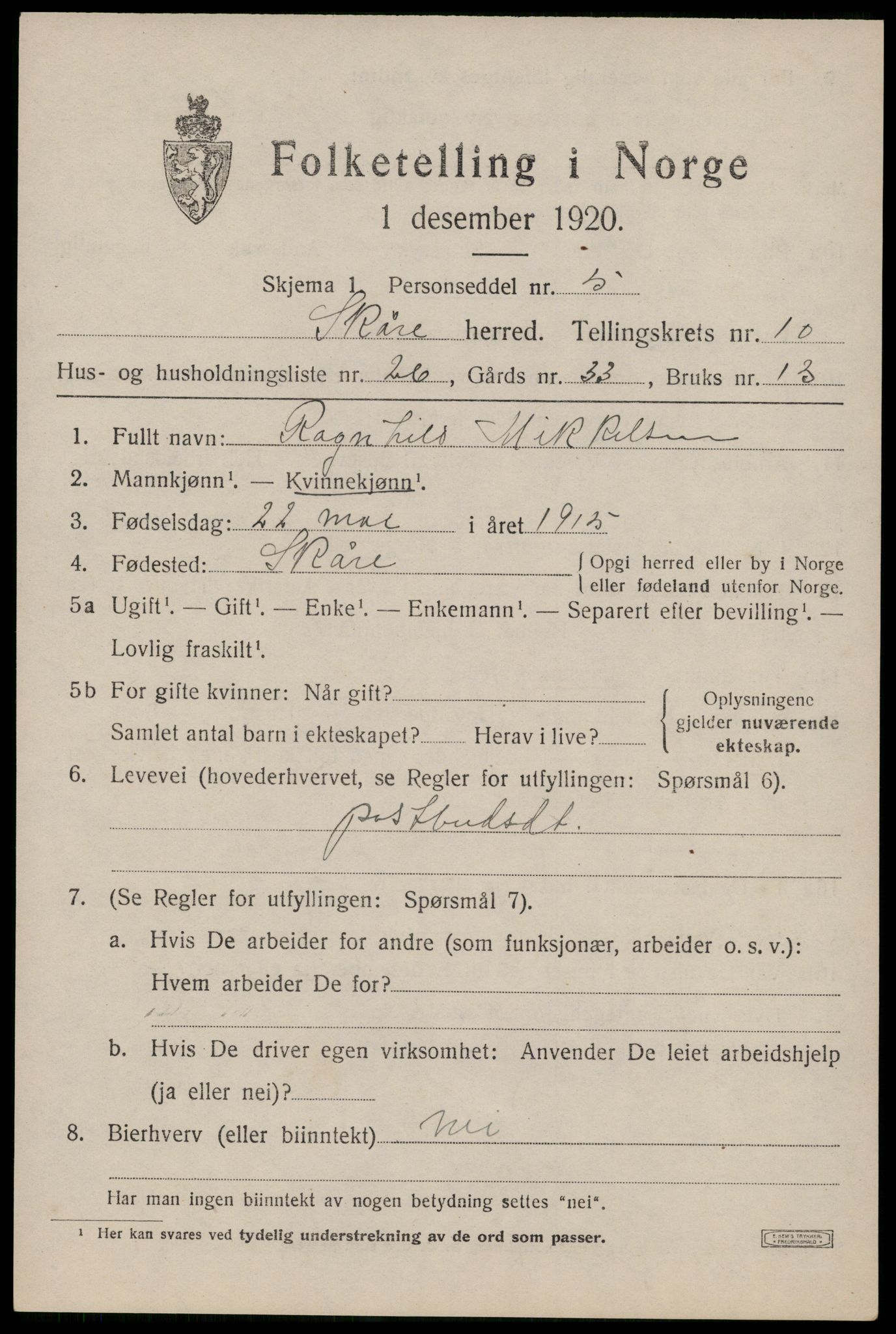 SAST, Folketelling 1920 for 1153 Skåre herred, 1920, s. 8196